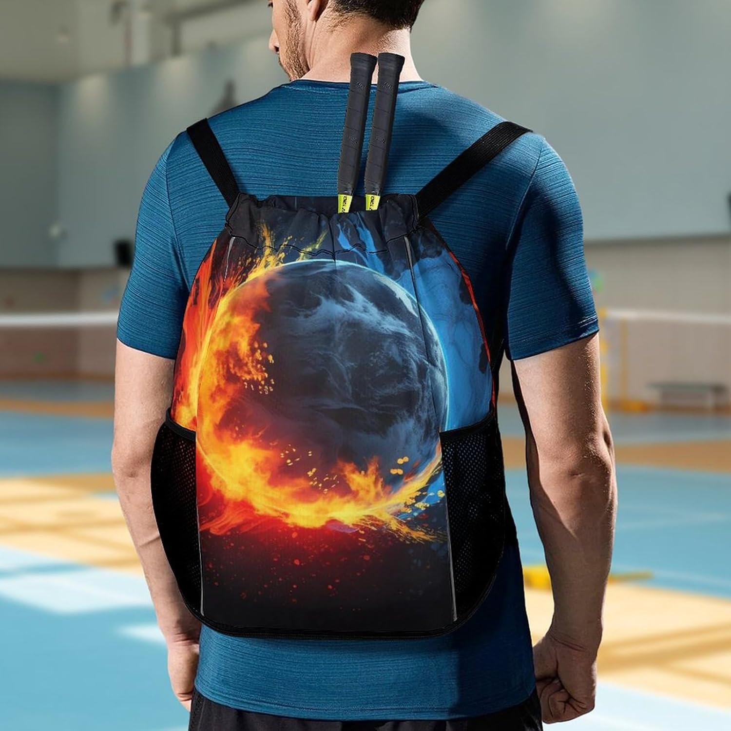 Small Gym Bag Pucks And Fire Printed Drawstring Gym Bag for Men Lightweight Waterproof Drawstring Backpack for Women with Shoe Compartment for Travel Tourism Work And Fitness
