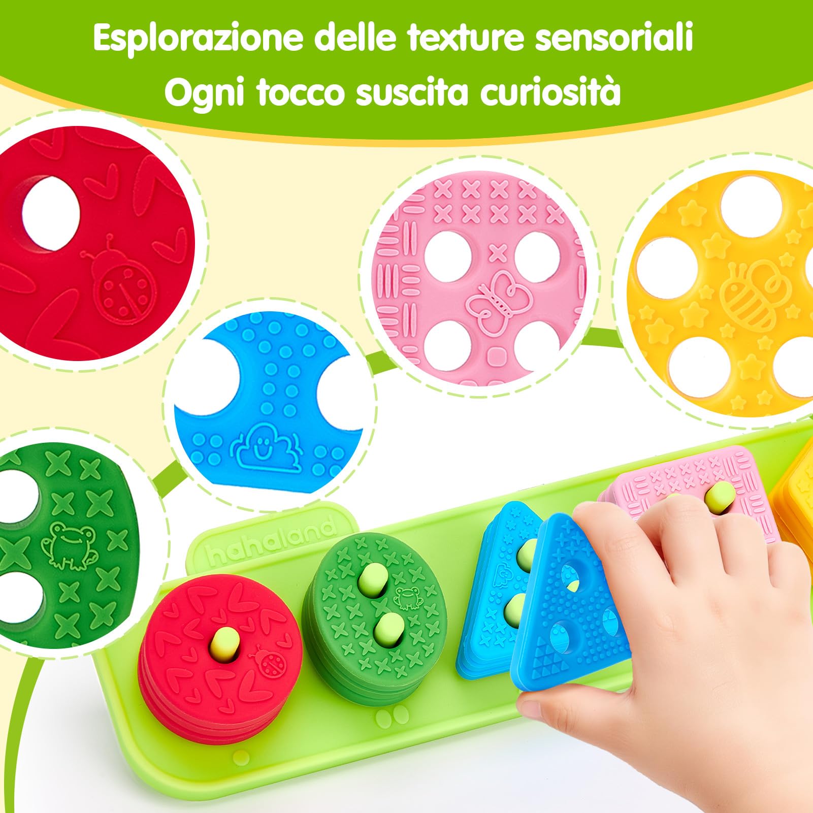 hahaland Gioco Sensoriale in Silicone per Bambini 12+ Mesi, Gioco Impilabile Morbido, Blocchi Montessori per Sviluppo Sensoriale e Motricità, Regalo per Bambini 1-3 Anni