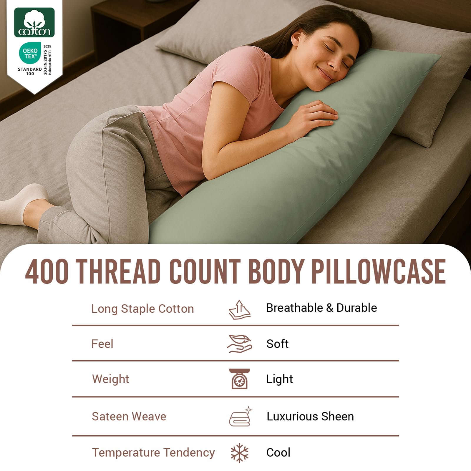 Pizuna Cotton Light Sage Body Pillow Cover 1 Piece Only, 400 Thread Count 100% Long Staple Cotton Body Pillow Case 52x140 cm - Image 2