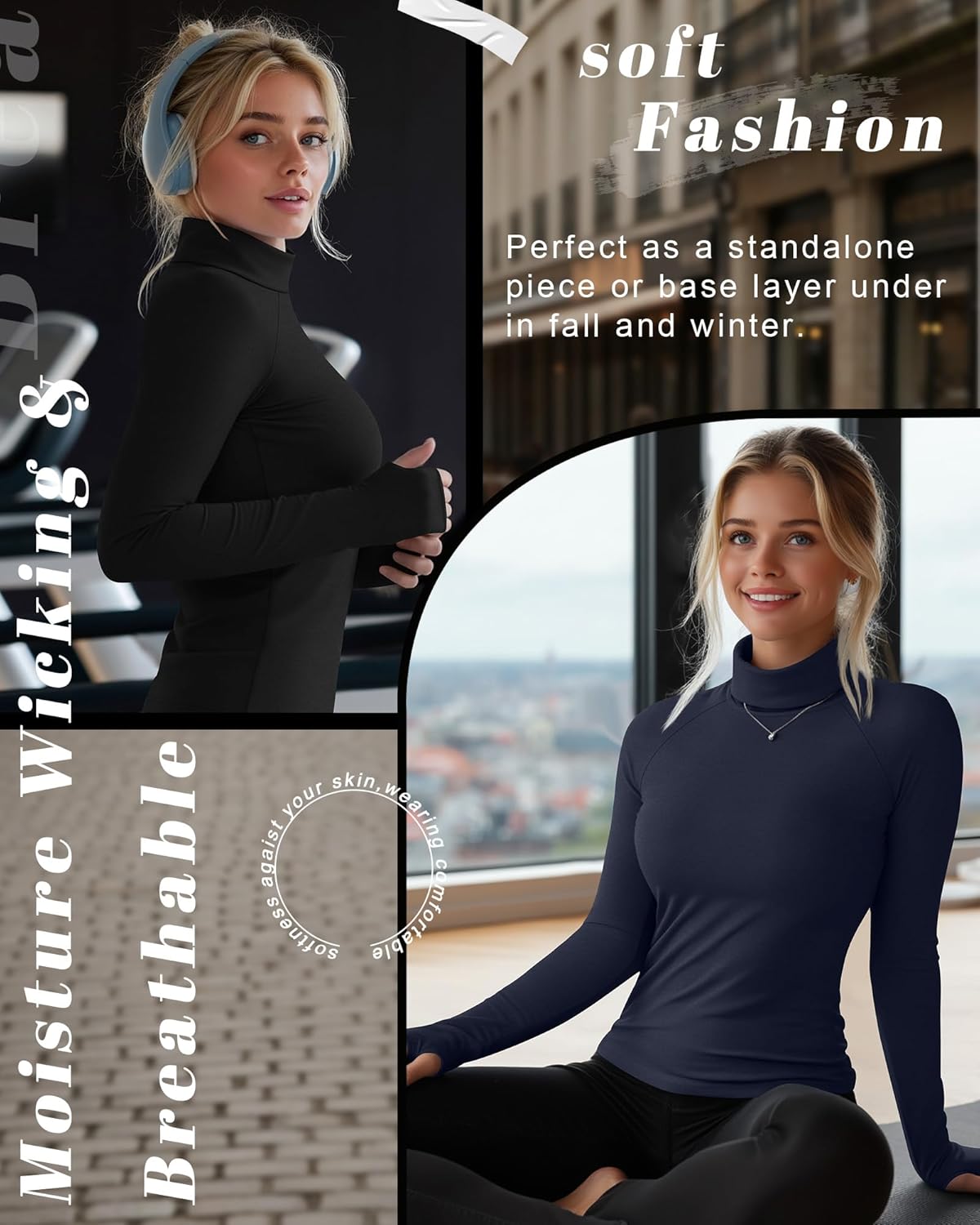 4 Pack Women's Turtleneck Shirts with Thumb Holes Long Sleeve Thermal Tops Elastics Slim Fit Underwear - Image 3