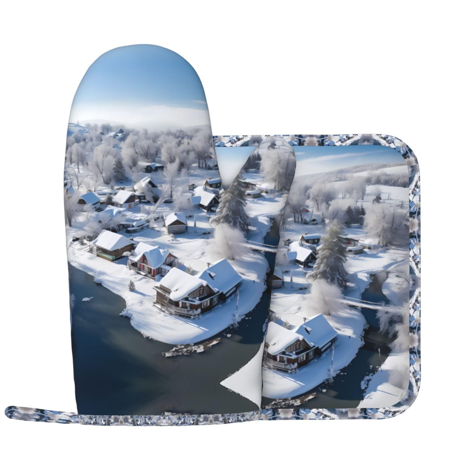 Wbqlsl Black Village Snow Scene Printed Oven Mitts Set - Suitable For Baking, Grilling, Cooking