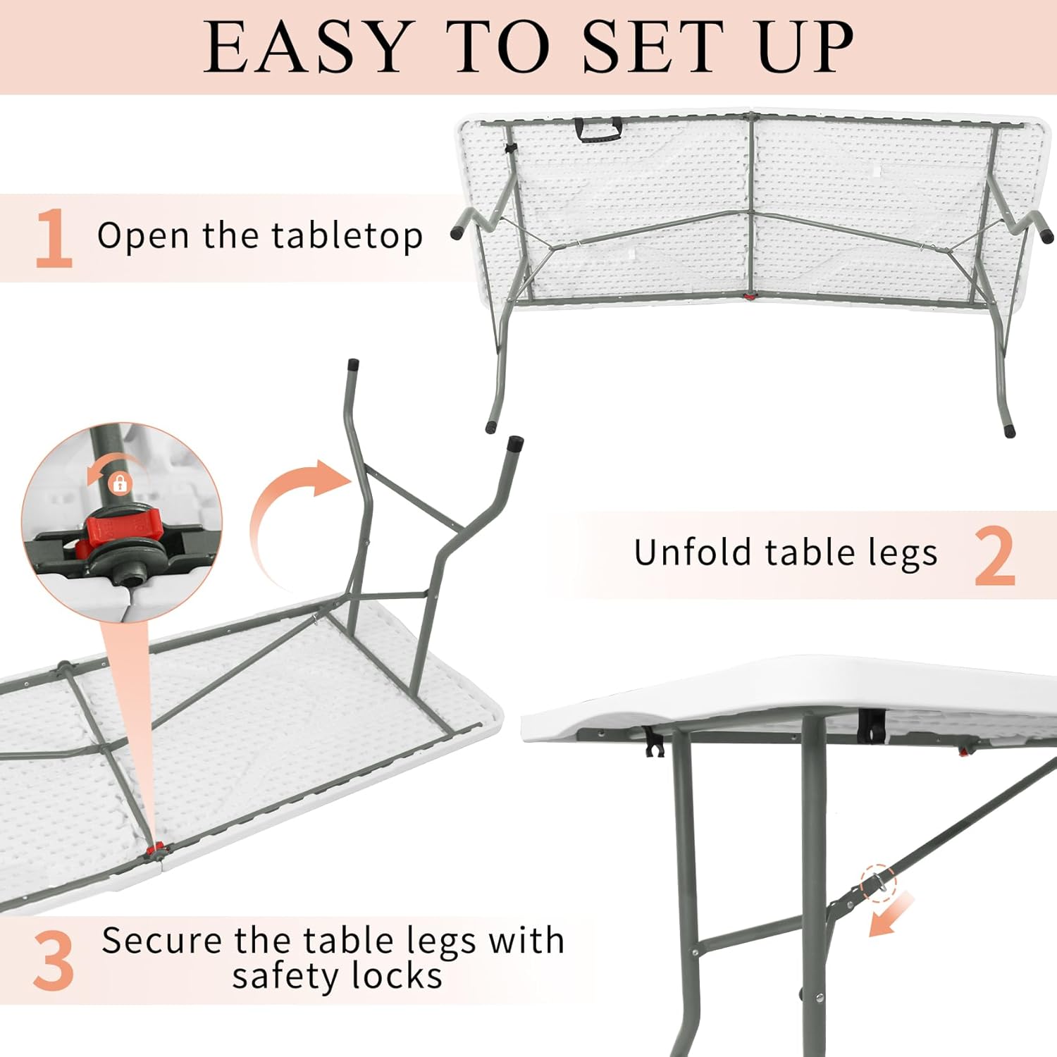 Set of 2 Folding Tables with Carrying Handle Lightweight Rectangular Portable Plastic Camping Table Steel Legs for Party, Dining, Wedding, Events, Picnic Indoor, Outdoor (5.85FT, White)