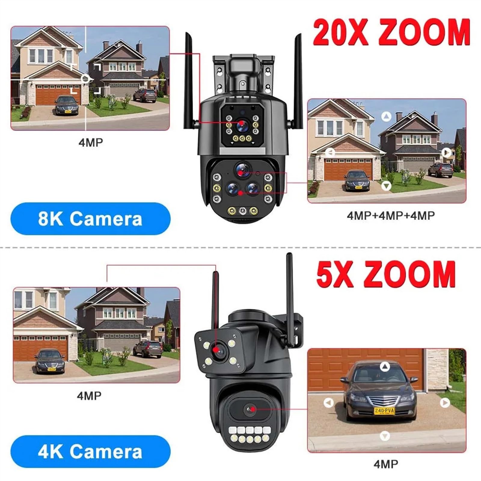 Telecamera Wifi Esterno, Telecamera IP 8K 16MP Zoom 20X PTZ Telecamera di sicurezza wireless esterna Telecamera CCTV a quattro lenti Telecamere di videosorveglianza 4K Smart Home ,Sicurezza, Antifurto