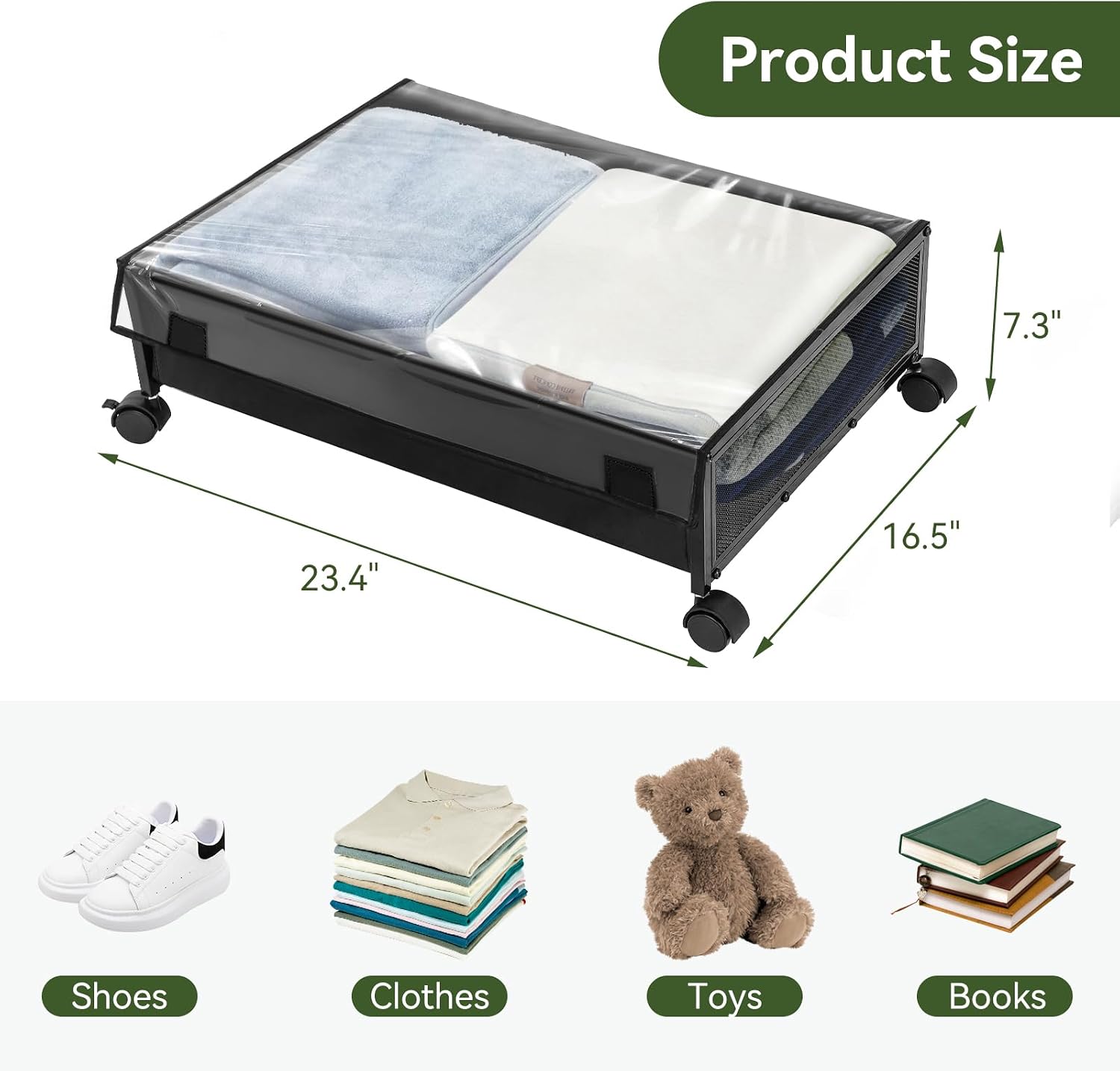 Diagram showing product dimensions (23.4 inches L x 16.5 inches W x 7.3 inches H) and examples of items that can be stored: shoes, clothes, toys, and books.