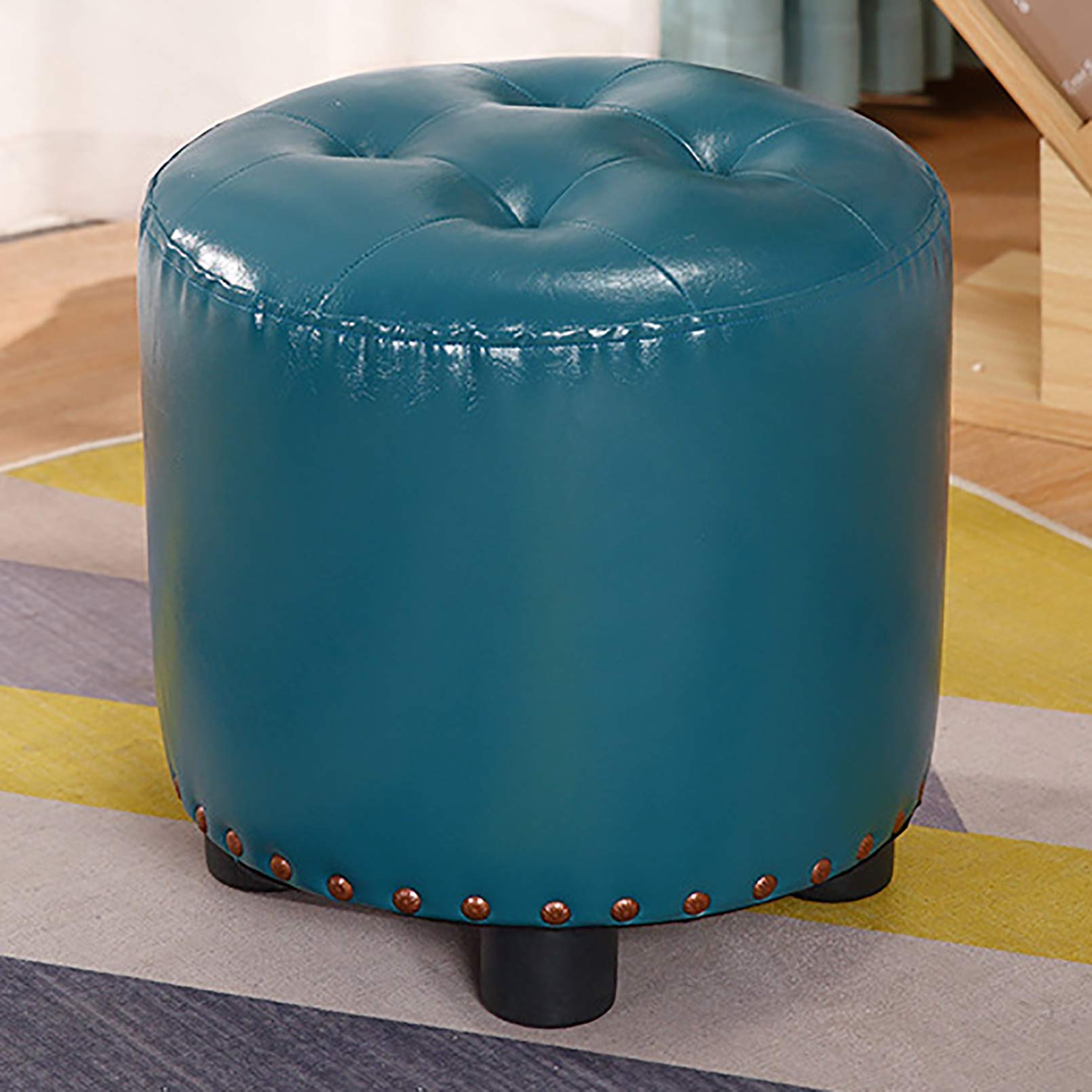 Repose-pieds ottoman moderne similicuir bleu avec cadre bois massif et mousse à mémoire