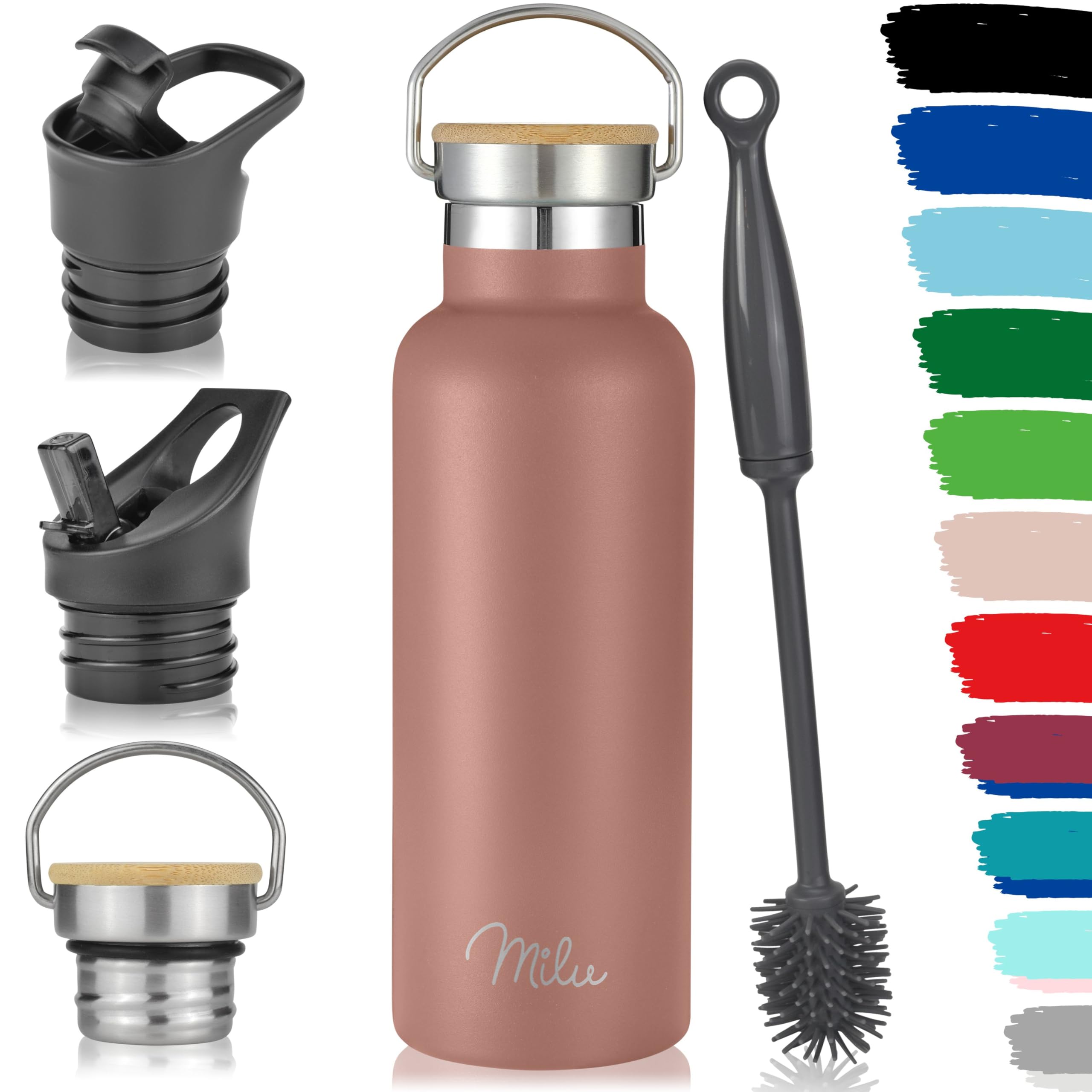 Milu Edelstahl Trinkflasche 350ml 500ml 750ml 1000ml (+3 Deckel) - Thermosflasche mit Strohhalm, Isolierte Wasserflasche, Auslaufsichere Isolierflasche doppelwandig (Rose Gold, 500ml)