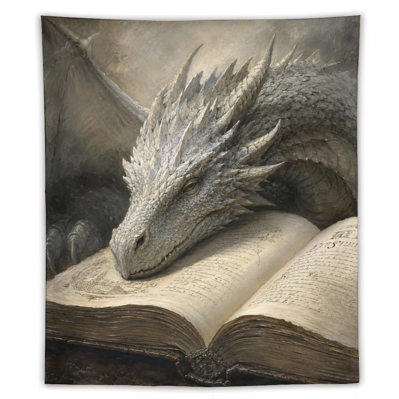 W7C8U2X3 Silver Dragon Resting on Open Book Wall Tapestry, Moonlit Fantasy