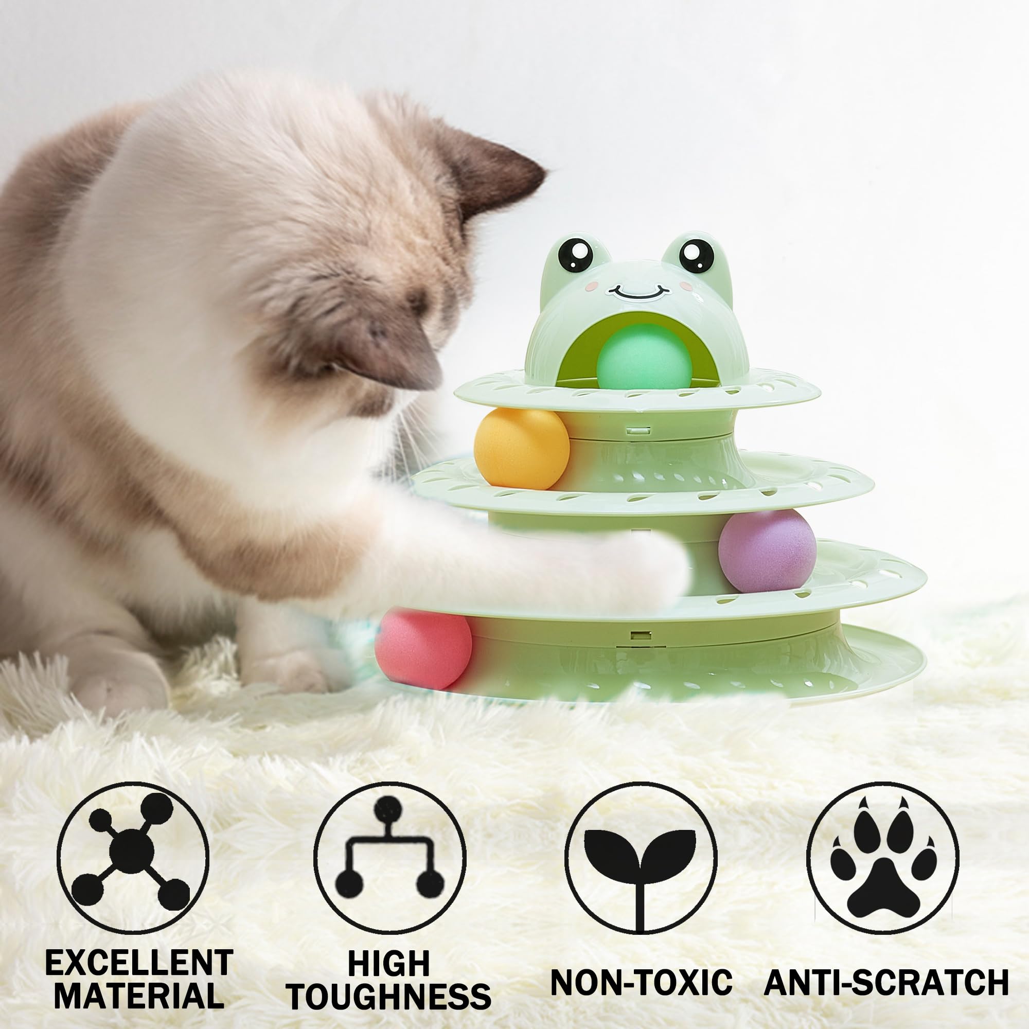 Suhaco Cat Toys Interactive for Indoor Cats Kitten Toy Fun Roller 4 Level Cat Teaser Ball Toys with 4 Colorful Balls Kitten Puzzle Toys for Boredom (Green)