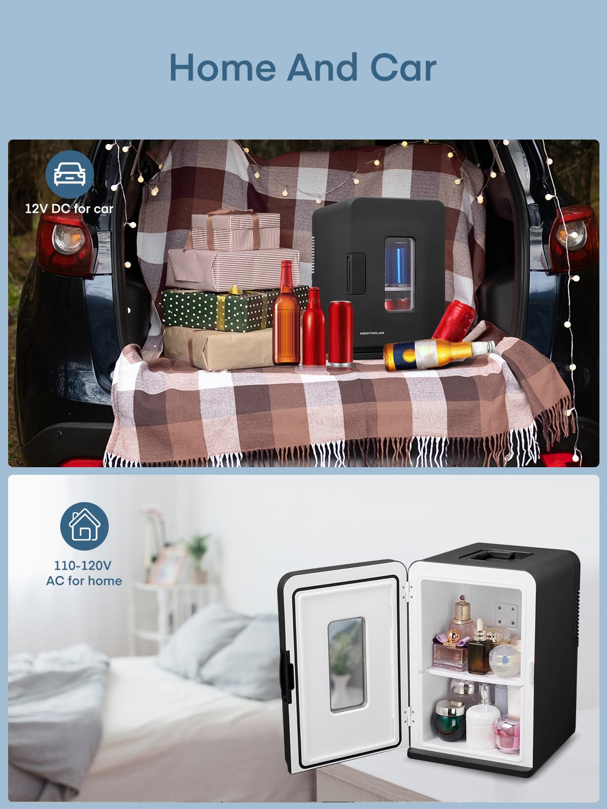 FOHERE 2 in 1 Mini Kühlschrank 15L Kühl- und Heizfunktion DC/AC für Auto Büro Wohnheim ECO Low Noise Schwarz