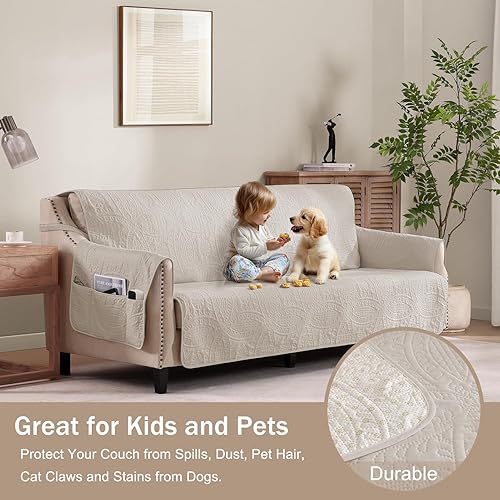 Miniatura 8 de Fundas acolchadas beige con bolsillos, antideslizantes para sofá de 3 cojines, funda para sofá de 3 cojines, repelente al agua, lavable a máquina