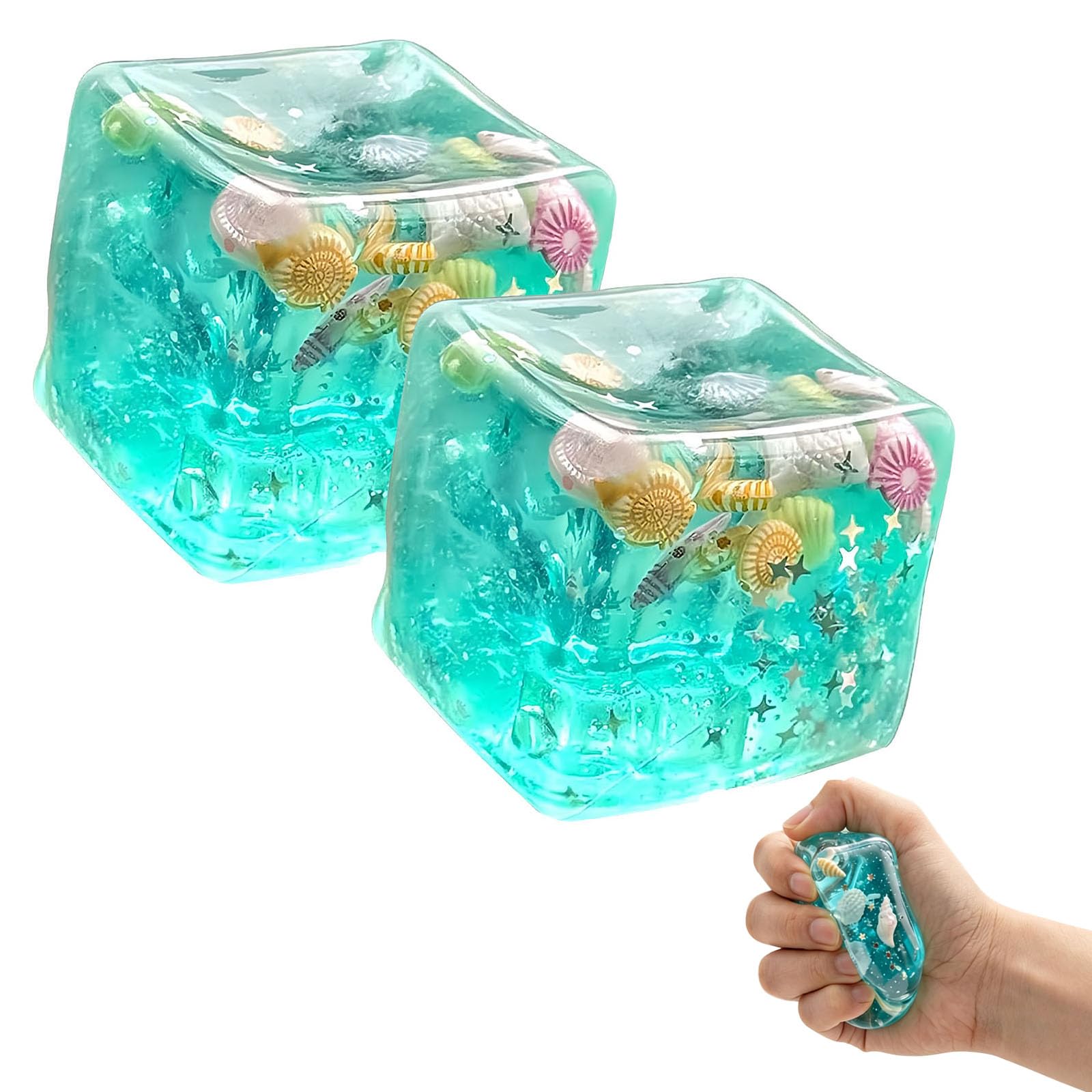 OLYGEE Ocean Ice Cube Squishy Glitter Squeeze Stress Ball, Gel Stress Cube & Sugar Ball Fidget - Soft Squeeze Toys for Anxiety Relief, Desk, Birthday Party Favors (2pcs)