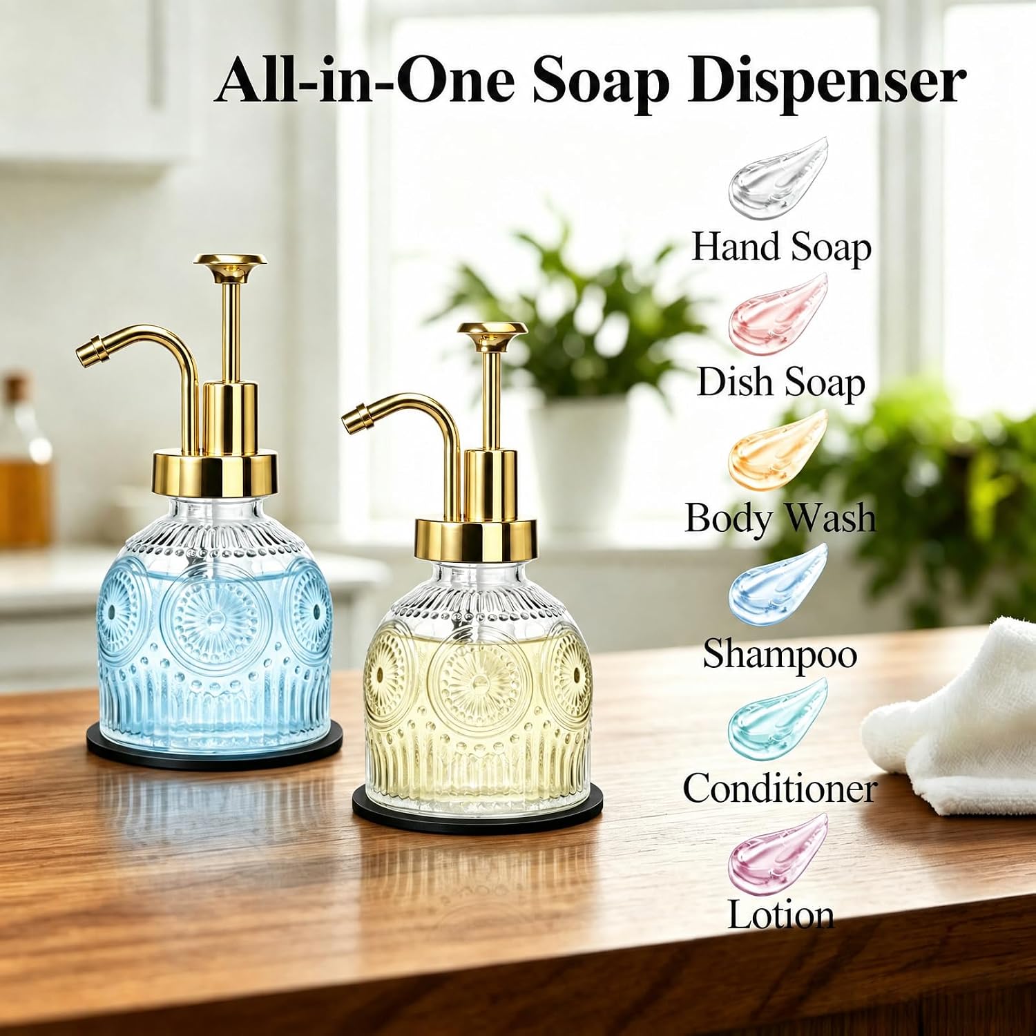 SheeChung 8 Oz Vintage Glass Soap Dispenser Bathroom, Kitchen Dish Soap Dispenser with Pump, Refillable Hand Soap Dispenser, Antique Liquid Lotion Bottle, Farmhouse Decor (Clear-Gold Pump, 2 Pack)