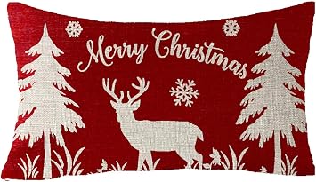 Happy Winter Holiday Red Snowflakes Merry Christmas Animal Elk Trees Cotton Linen Decorative Throw Pillow Cover Cushion Case 12x20 inches