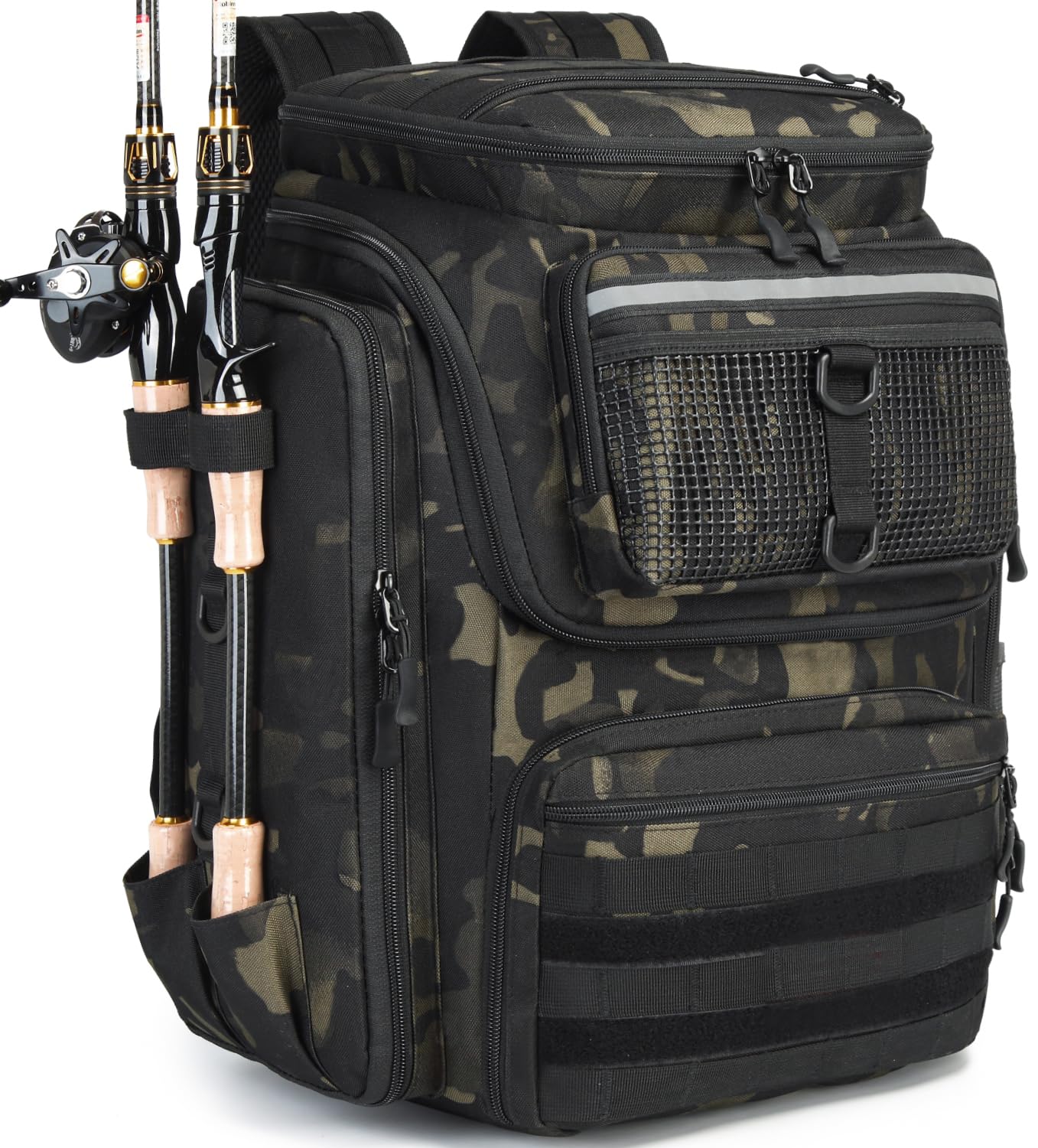 BlesMaller Fishing Backpack with Rod Holder 45L Large Fishing Tackle Storage Bag Water Resistant tactical Fishing Gear Backpack for Hiking Camping Trekking Outdoor Sport (Camo)