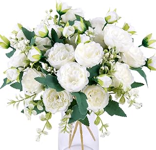 Floweroyal 2 Bunches White Silk Peony Artificial Flowers Bouquets - Lifelike Faux Peonies for Wedding, Party, Table Centerpieces & Home Decor