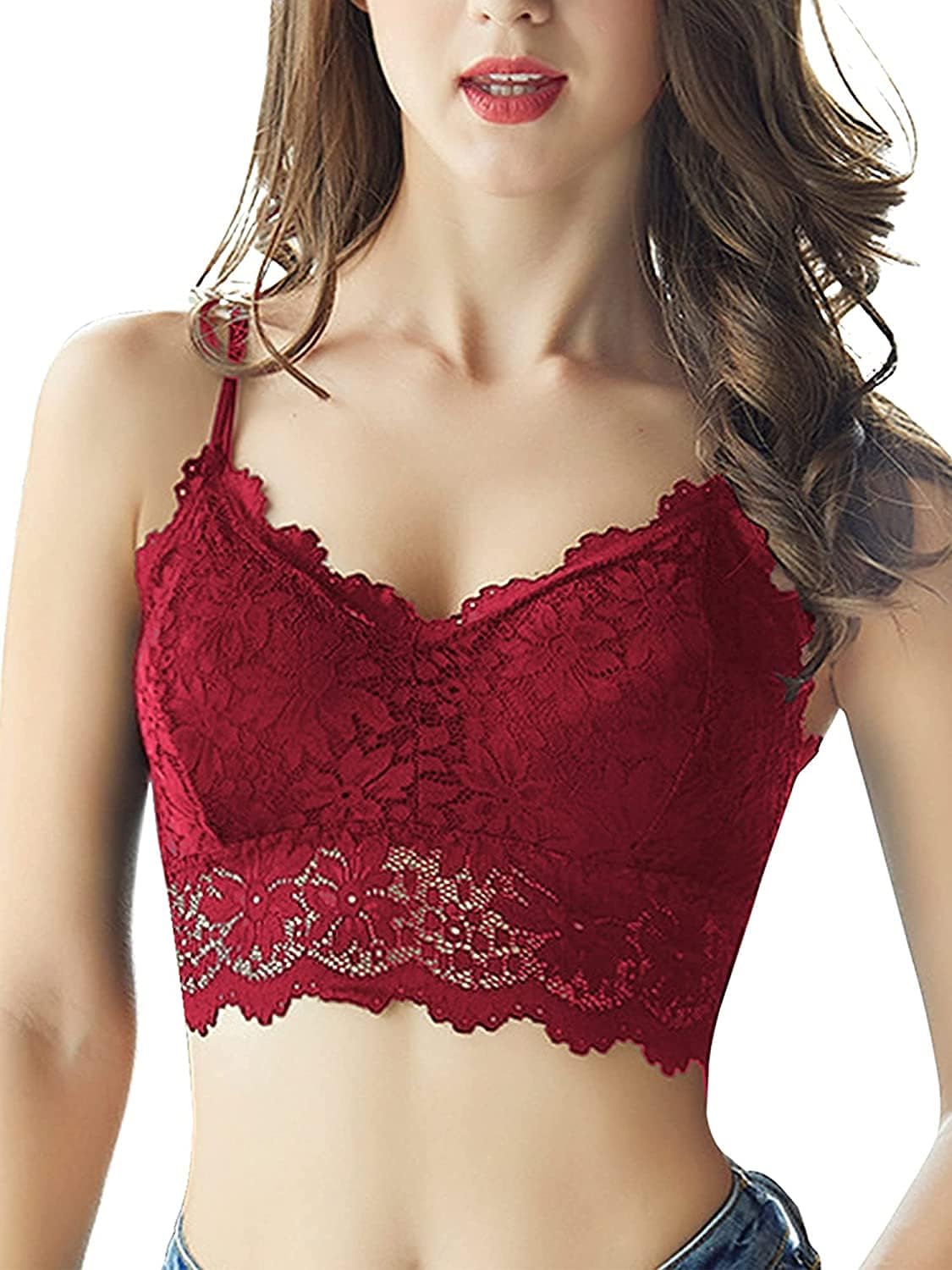 Women lace Bralette Padded Wire Free Adjustable Strap Bra Silky net top Free Size Red