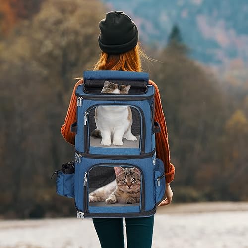 Vista 21 de Mochila transportadora de mascotas de doble compartimento para gatos pequeños y perros, transportador de viaje para gatos para 2 gatos, perfecta Gris