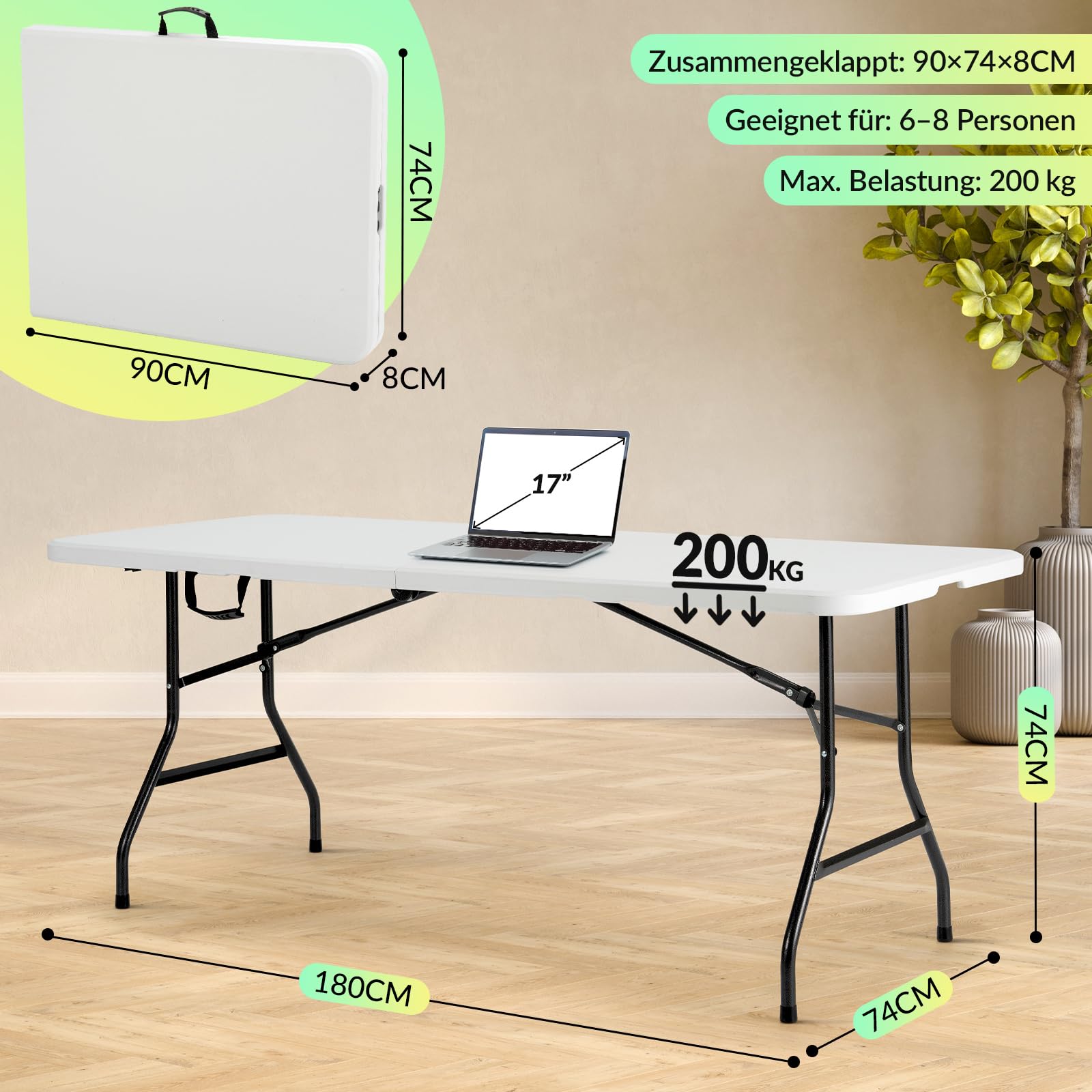 Velway Gartentisch Klappbar 180x74cm Buffettisch - Schneller Einsatz Klapptisch Stabil für 6-8 Personen Wetterfest Campingtisch Partytisch Flohmarkttisch mit Tragegriff für Garten Terrasse Balkon Weiß