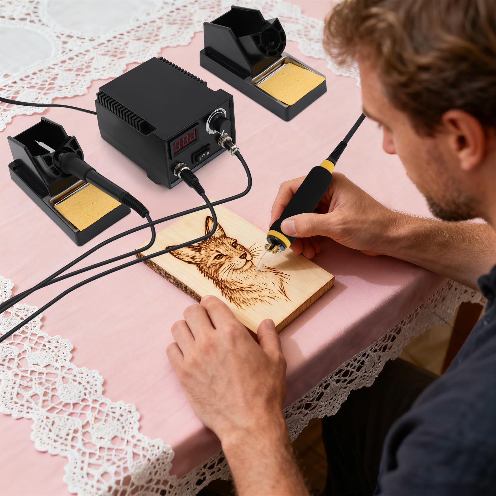 80W Holzbrenungsmaschine Set mit 2 Brandmalstifte und 21 Drahtspitzen, verstellbare Temperatur Doppelstift Brandmalerei Maschine mit LED-Display, Lötkolben Set Pyrographie Maschine Brandmalstation