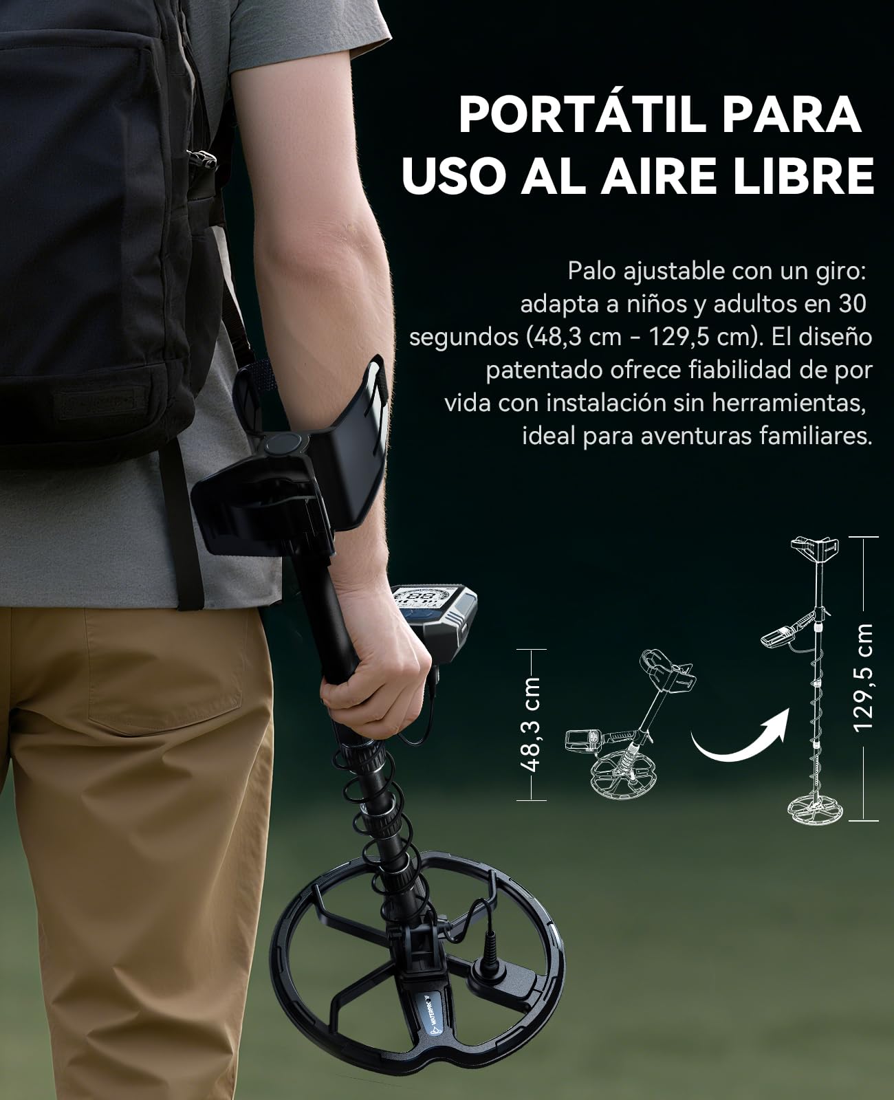 SUNPOW Detector de Metales Recargable - Bobina D Doble de 11 Pulgadas | Batería de Litio de 35h, 10 Niveles de Sensibilidad, 4 Modos de Búsqueda, 7 IDs de Metales, con Pala, Mochila y Audífonos