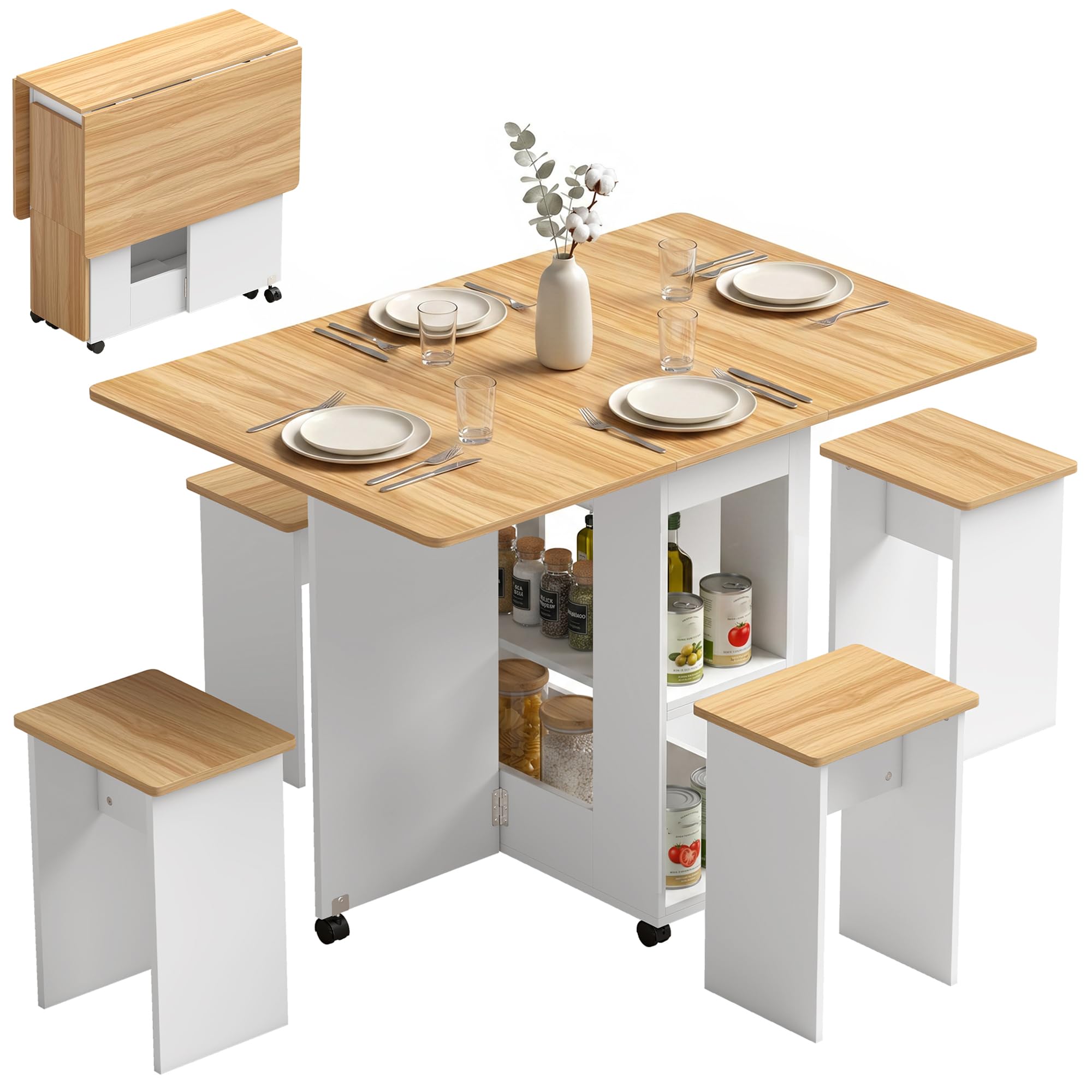 HOMCOM Conjunto Mesa y 4 Sillas de Comedor para 4 Personas Roble | Mesa de Comedor Plegable con Taburetes Ocultos, 2 Alas Abatibles, Ruedas, Estantes, Ahorro de Espacio