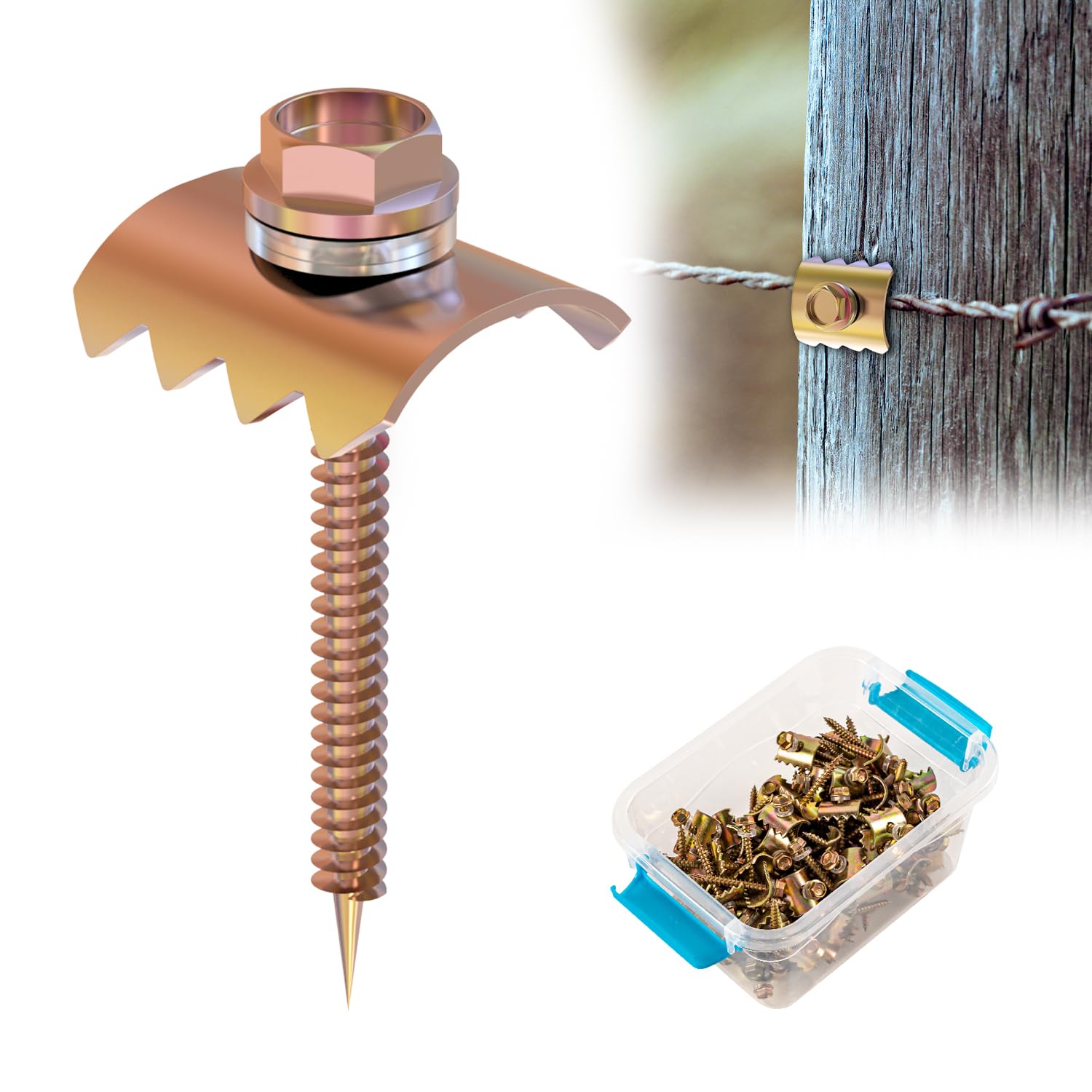 Fence Staples, Fence Post Screws for Softwoods, Fence Fasteners for Wire Fencing, Reuse Fence Staple Nails with Wire Fixer for Wire Mesh and Woven Fencing-200 Pcs