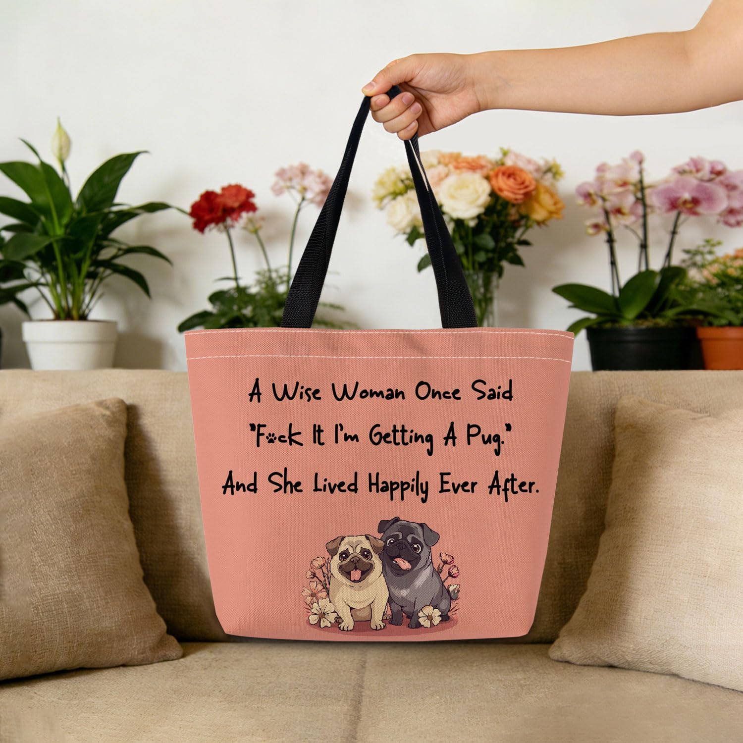 Wise Pug Mom Tote Bag Reusable Grocery Bags Aesthetic Shopping Shoulder Handbag with Interior Zipper Pocket Stylish Wise Pug Mom Present for Dog Lovers Women - Image 3
