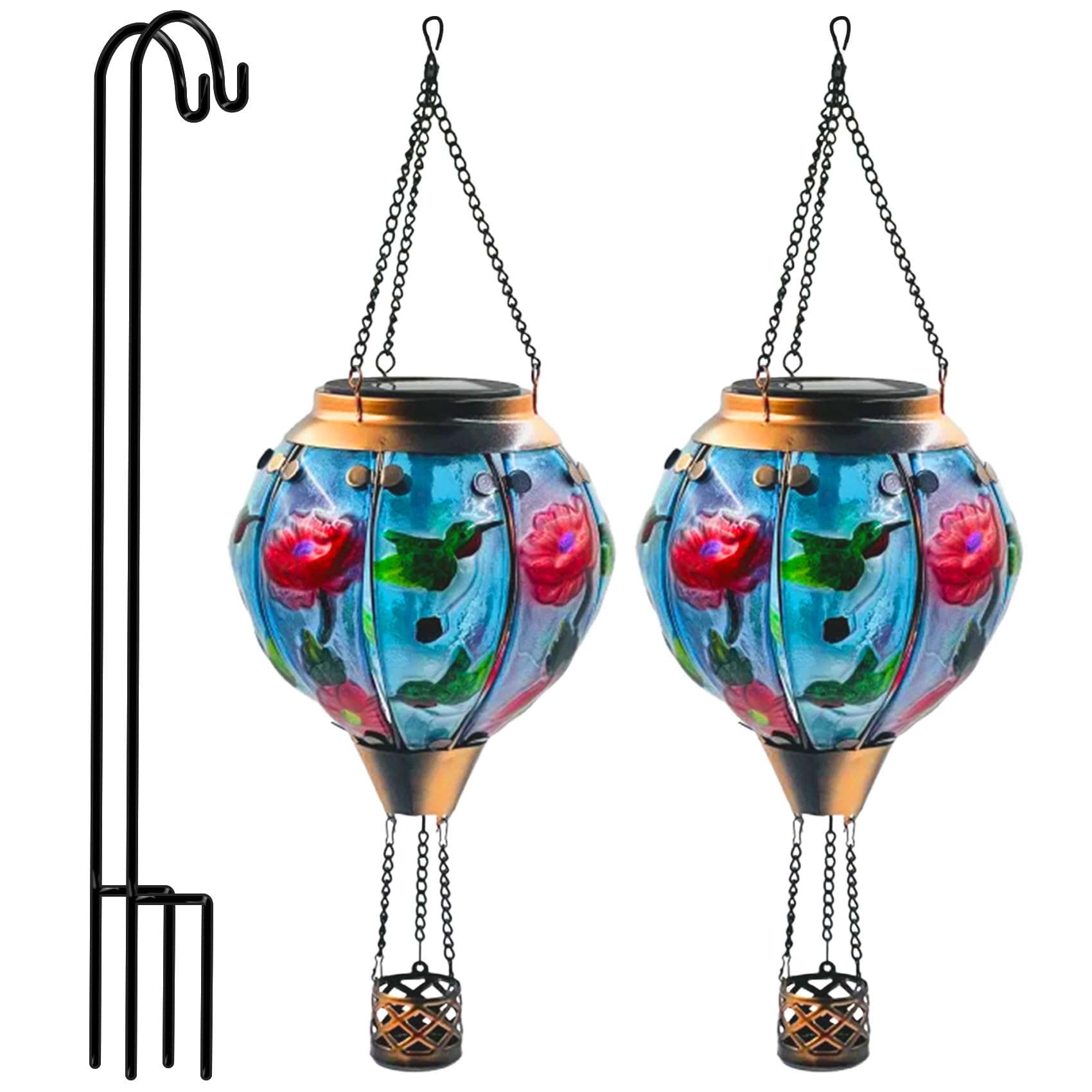 Lot de 2 lampes solaires à air chaud à suspendre avec crochets de berger, 45,7 cm de haut, lanternes d'extérieur en verre étanche pour cour, terrasse, cadeau de fête des mères, colibri