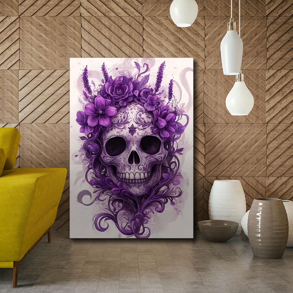 SHENGPOSTER Sztuka ścienna na płótnie gotycka kwiatowa czaszka do salonu lub sypialni Home Decor Boho Nowoczesna sztuka Giclee Print Wall Decor Purple Ready to Hang 55x80cm Innerframe