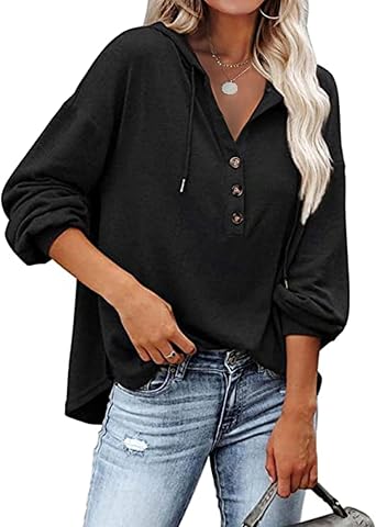 Womens Lightweight Hoodie Pullover Tshirt Long Sleeve Button Down Oversized Hoodie Blouse Tops