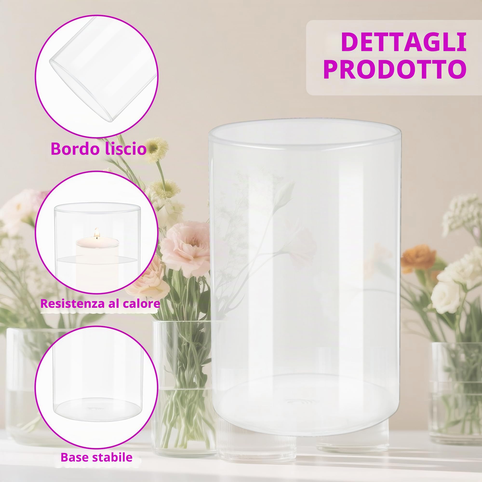 3 Pezzi di Vaso Cilindrico in Vetro Alto 15 cm, Ø 10 cm, Vasi in Vetro Trasparente per Fiori, Cilindro, Vaso da Tavolo per Fiori, Candele Galleggianti, Piante Verdi