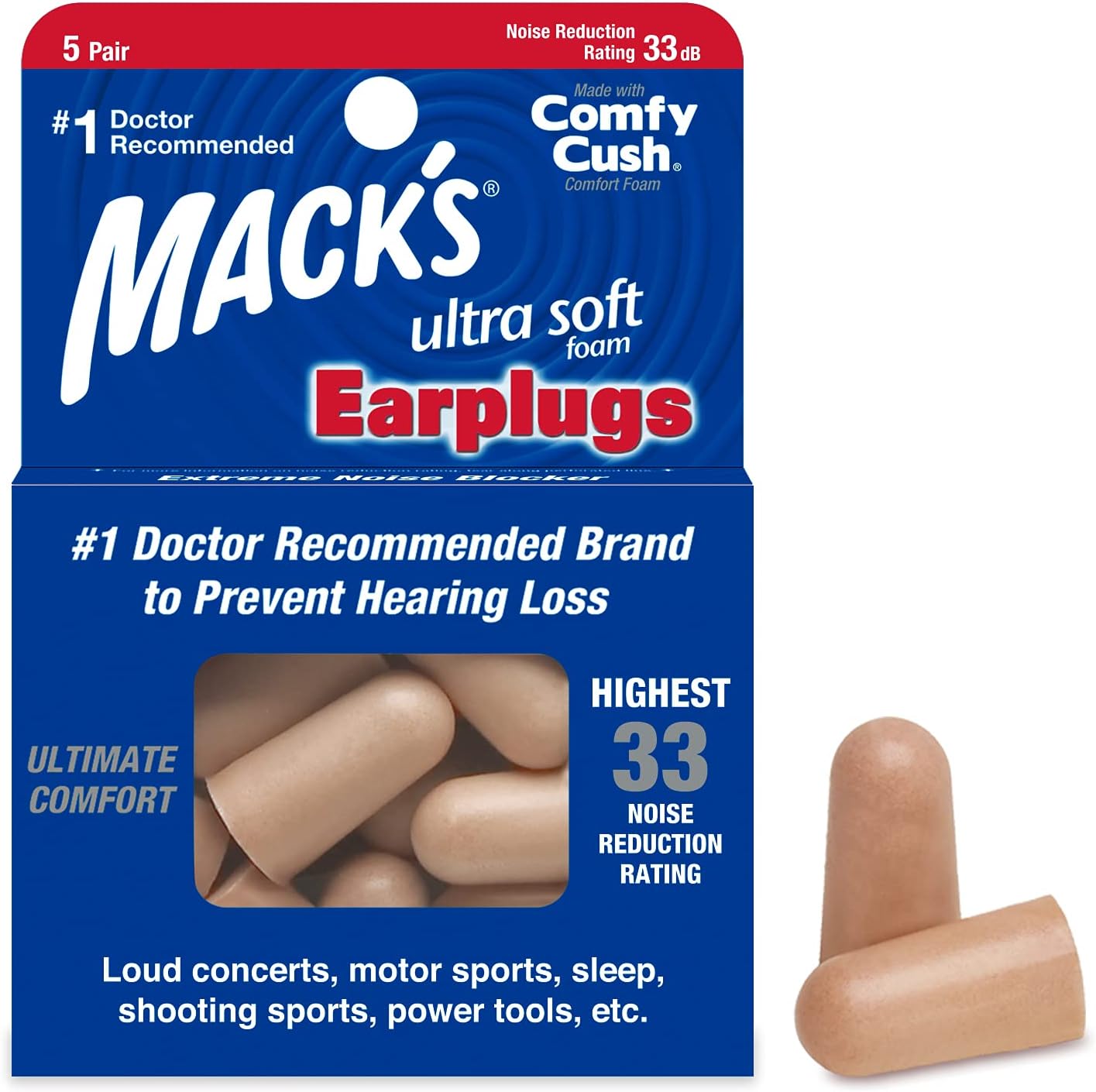 Ultra Soft Foam Earplugs, 5 Pair - 33dB Highest NRR, Comfortable Ear Plugs for Sleeping, Snoring, Travel, Concerts, Studying, Loud Noise, Work | Made in USA