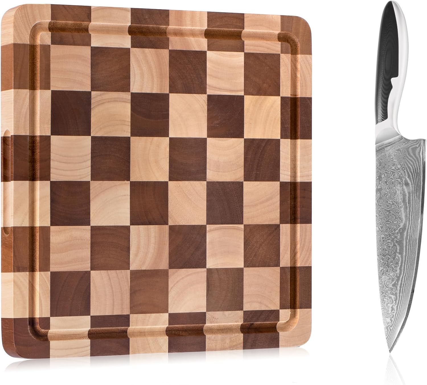 12 x 12" Checkerboard Wood Cutting Board & 8" VG-10 Damascus Chef Knife Set – Wood Prep Board with Professional Chef Knife for Everyday Cooking