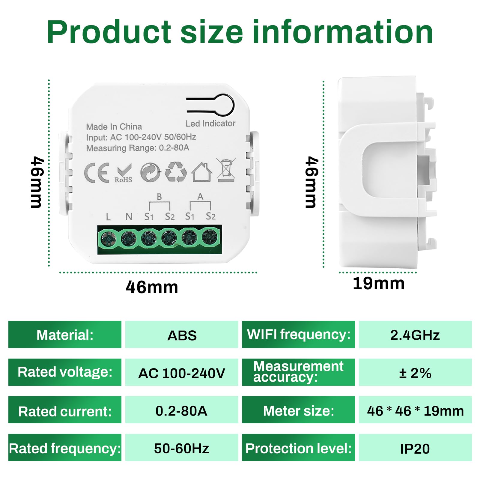 Jadeshay Compteur Electrique Connecté 80A Compteur Electrique Moniteur D'énergie Domestique Wi-FI Bidirectionnel avec 2 Pince Compatible avec Tuya Smart Life