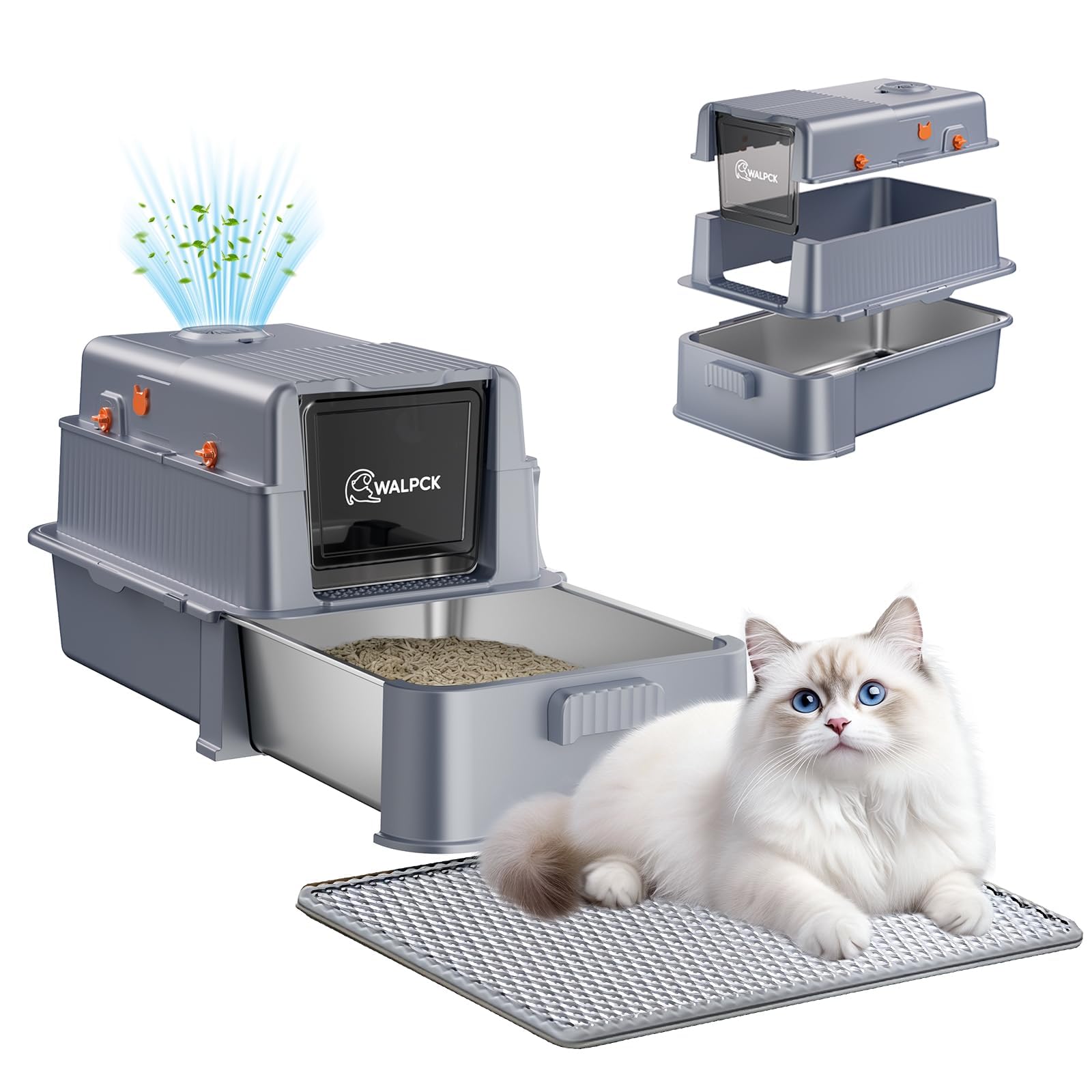 Bac à litière pour chat anti-odeur en inox avec grand couvercle rabattable et tiroir de nettoyage