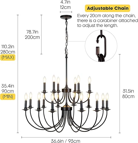 Miniatura 3 de Lámpara de araña vintage de granja negra de 2 niveles, estilo rústico retro, estilo campestre, industrial, grande, redonda