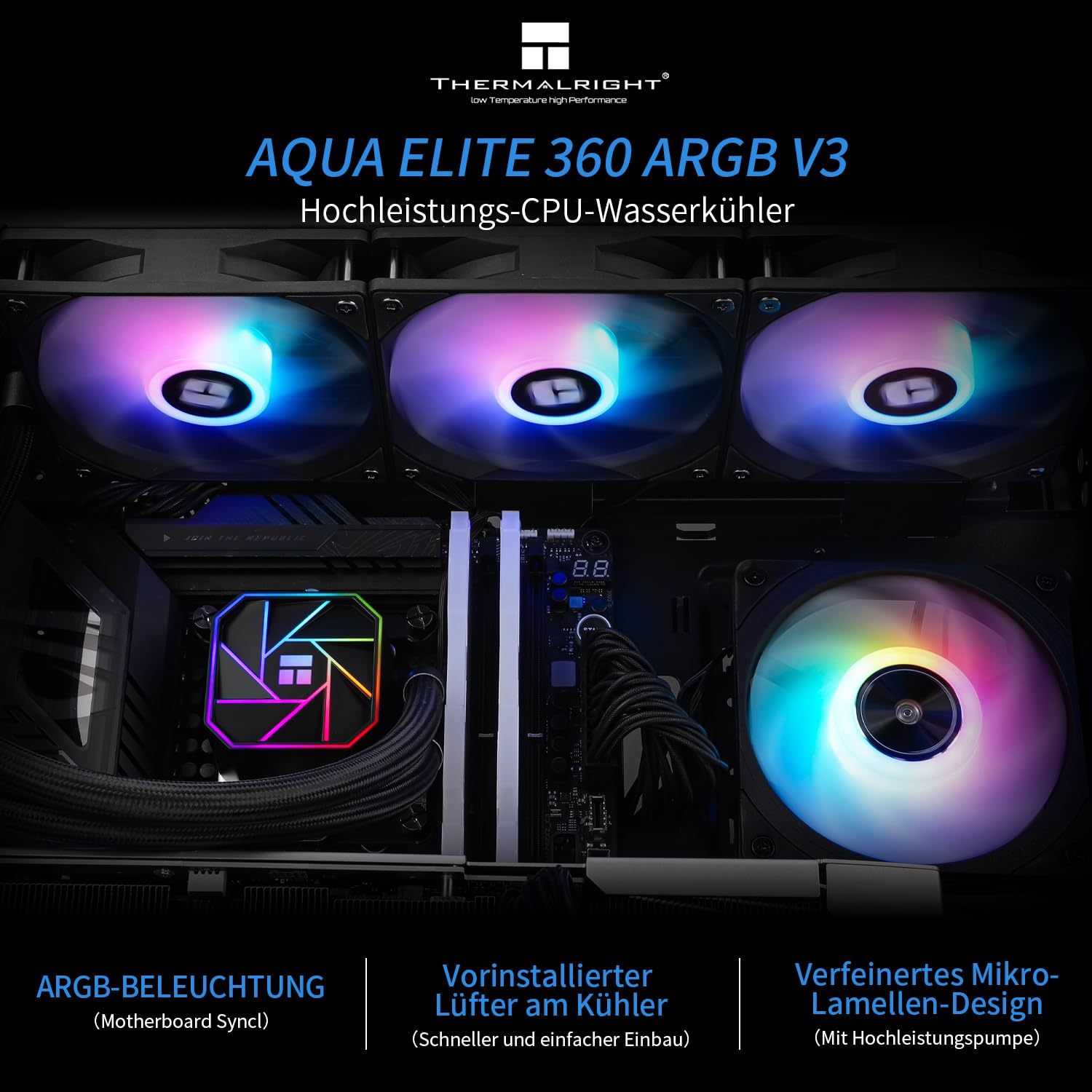 Thermalright AQUA ELITE 360 V3, taille de rangée de refroidissement 360, 3 ventilateurs PWM de 120 mm, roulements S-FDB, pour AMD/AM4/AM5, INTEL LGA1150/1151/1155/1156/1200/1851/1700