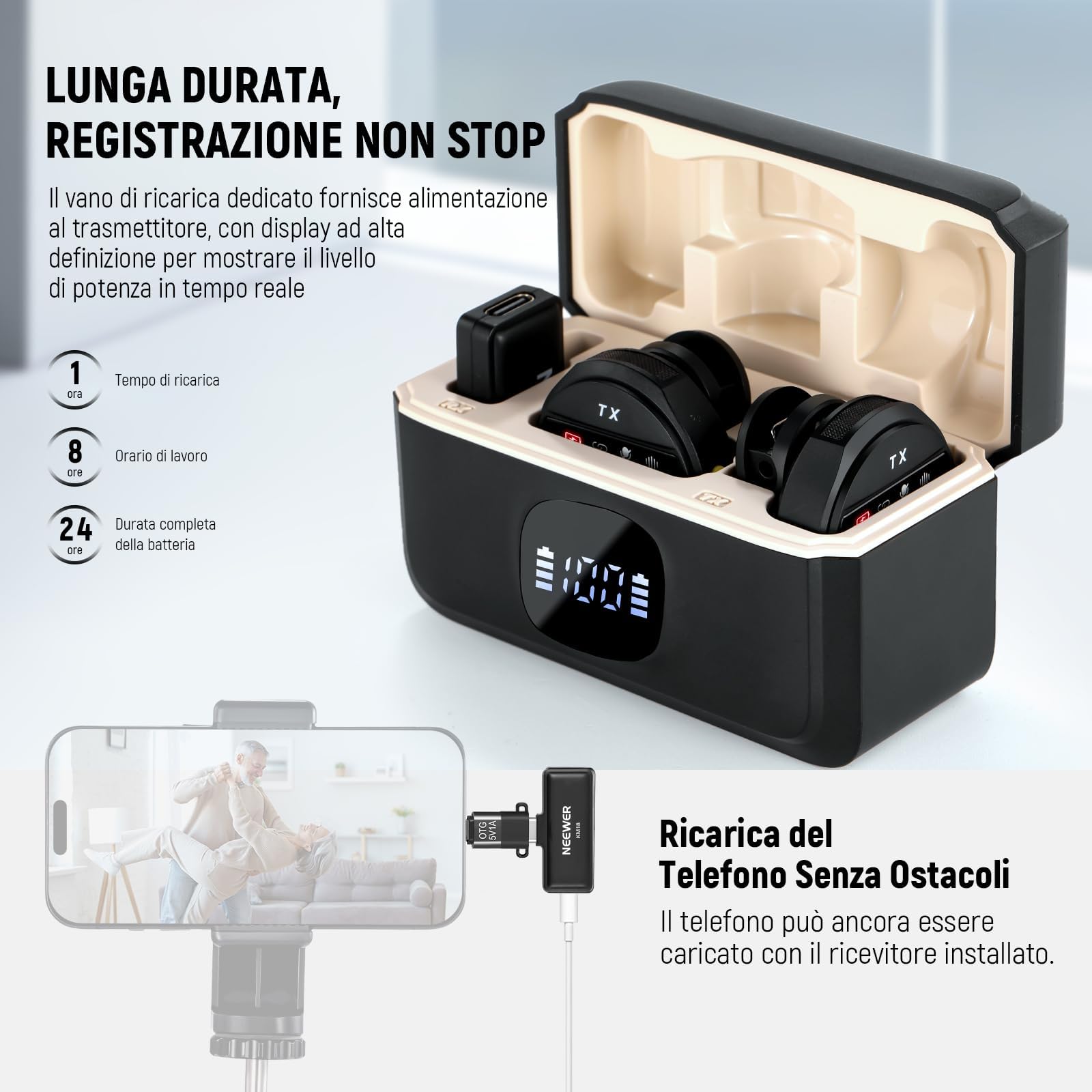 Neewer Microfono Lavalier Wireless per USB C con Custodia di Ricarica, Compatibile con iPhone/Android/PC/Laptop, Mini Mic a Bavero 48KHz/24Bit, Anti Rumore, Batteria da 24h per Vlog in Diretta, KM18