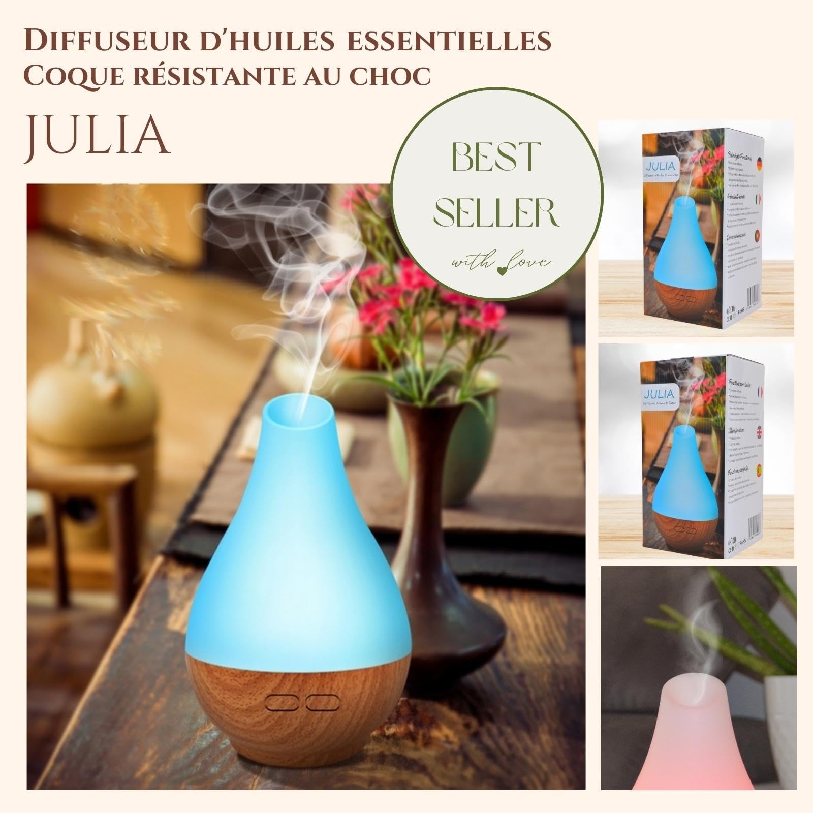 Zen'arôme Julia dyfuzor olejków eterycznych, ultradźwiękowy, do aromaterapii, zimna, domowy dyfuzor elektryczny, nawilżacz powietrza, kolorowe oświetlenie LED, automatyczne i ciche zatrzymanie