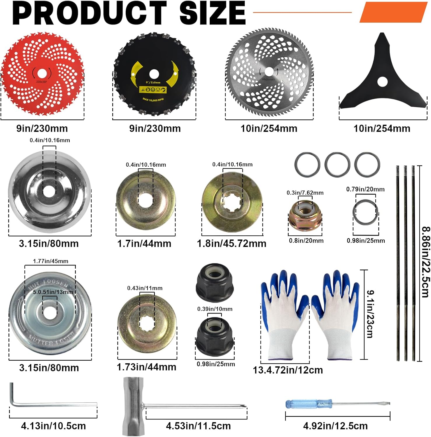 9"x36 Teeth Carbide Tipped Blades & 9"x20T Carbon Steel Round Chainsaw Tooth Brush Blades & 10"x80T Carbide Tip Brush Blades & 10"x3T Cutter Weed Eater Blades with Adapter Kit for Trimmer, Weed Eater