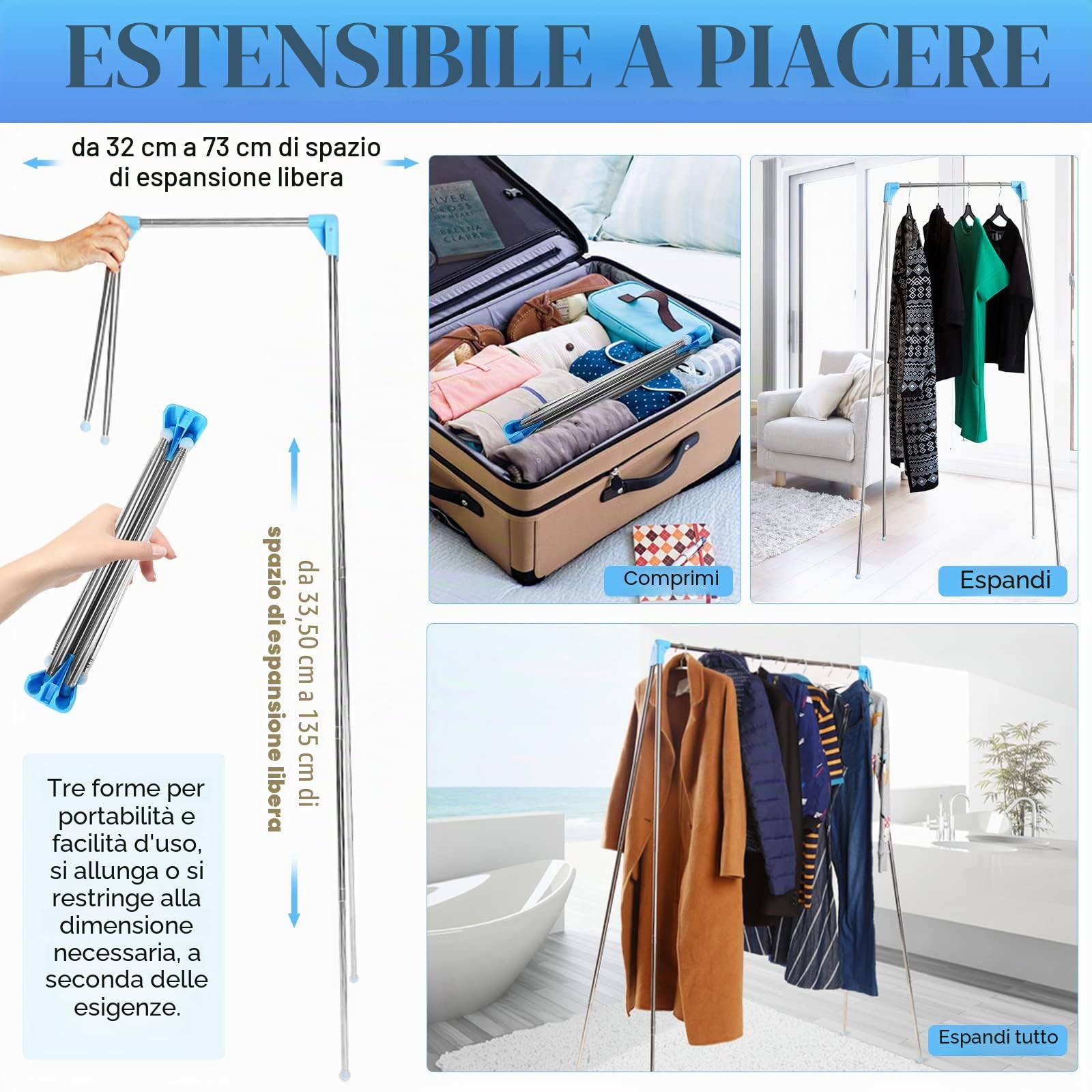 Stendibiancheria portatile pieghevole, retrattile regolabile appendiabiti per viaggi, campeggio, camper, danza