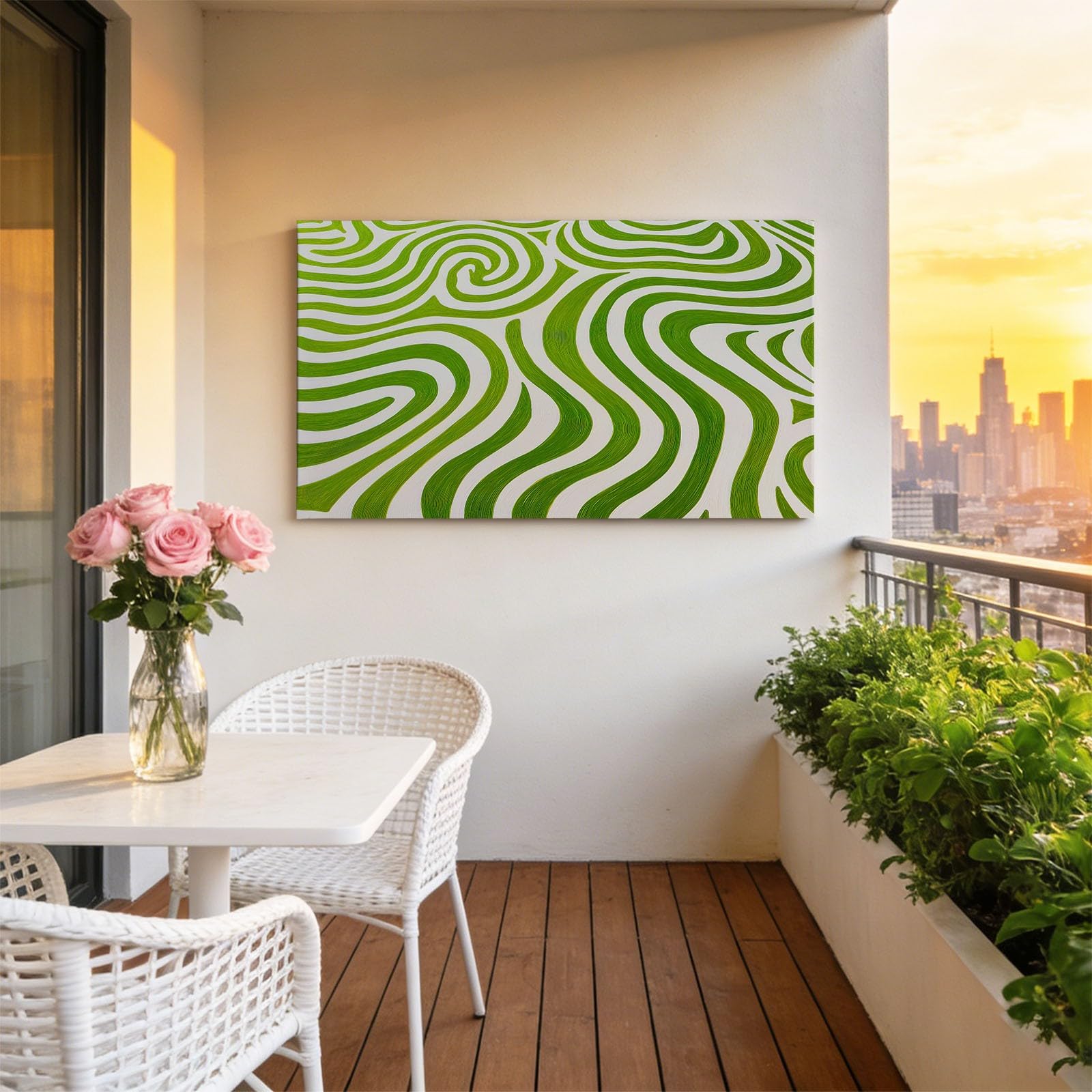 Genérico Cuadro Lienzo Decoracion Moderno Grande Rayas Verdes Onduladas 100x75cm Cuadros Decorativo con Marco, Cuadro Pared para Salon Dormitorio Baño Pasillo Hogar