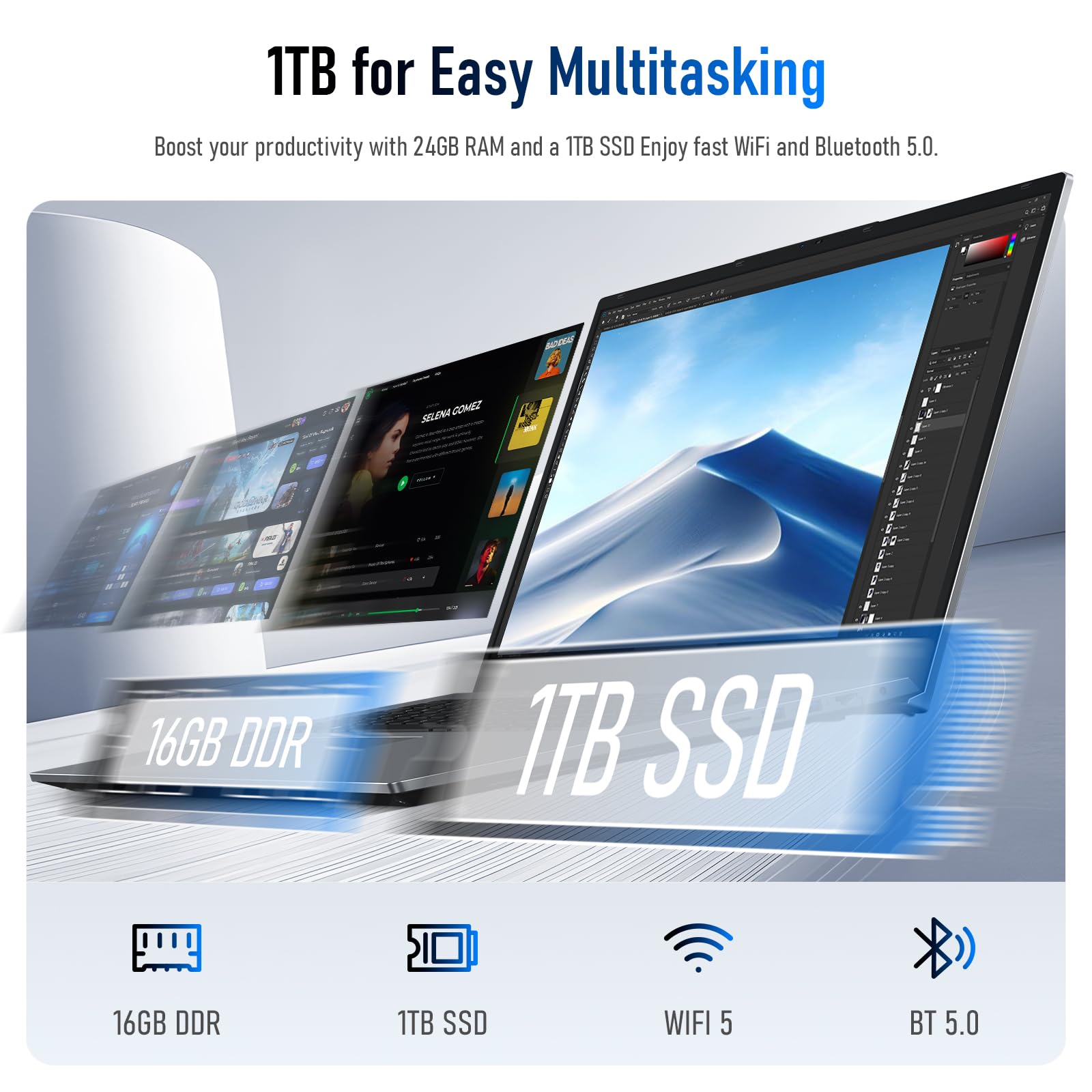 18.5" PC Portatile Processore 16 GB RAM 1TB SSD, processore dual-core m3-8100Y fino a 3,4 GHz, HDMI, RJ45, ampio schermo, ideale per lavoro da remoto, multitasking e intrattenimento.