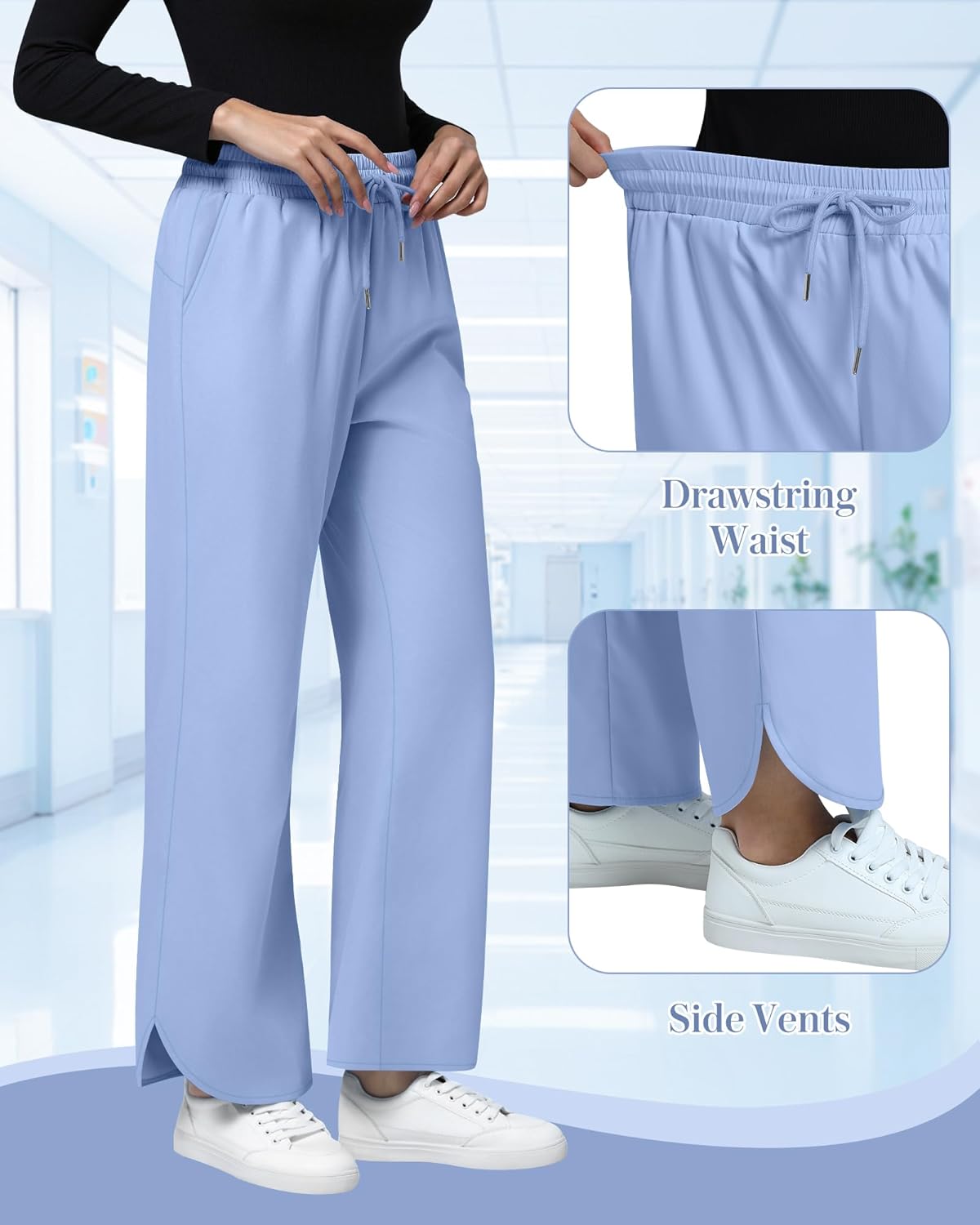 Nurse Scrub Work Pants for Women,2-Way Stretch Mid-Rise Straight Leg Medical Workwear Drawstring & 4 Pockets Bottoms - Image 4