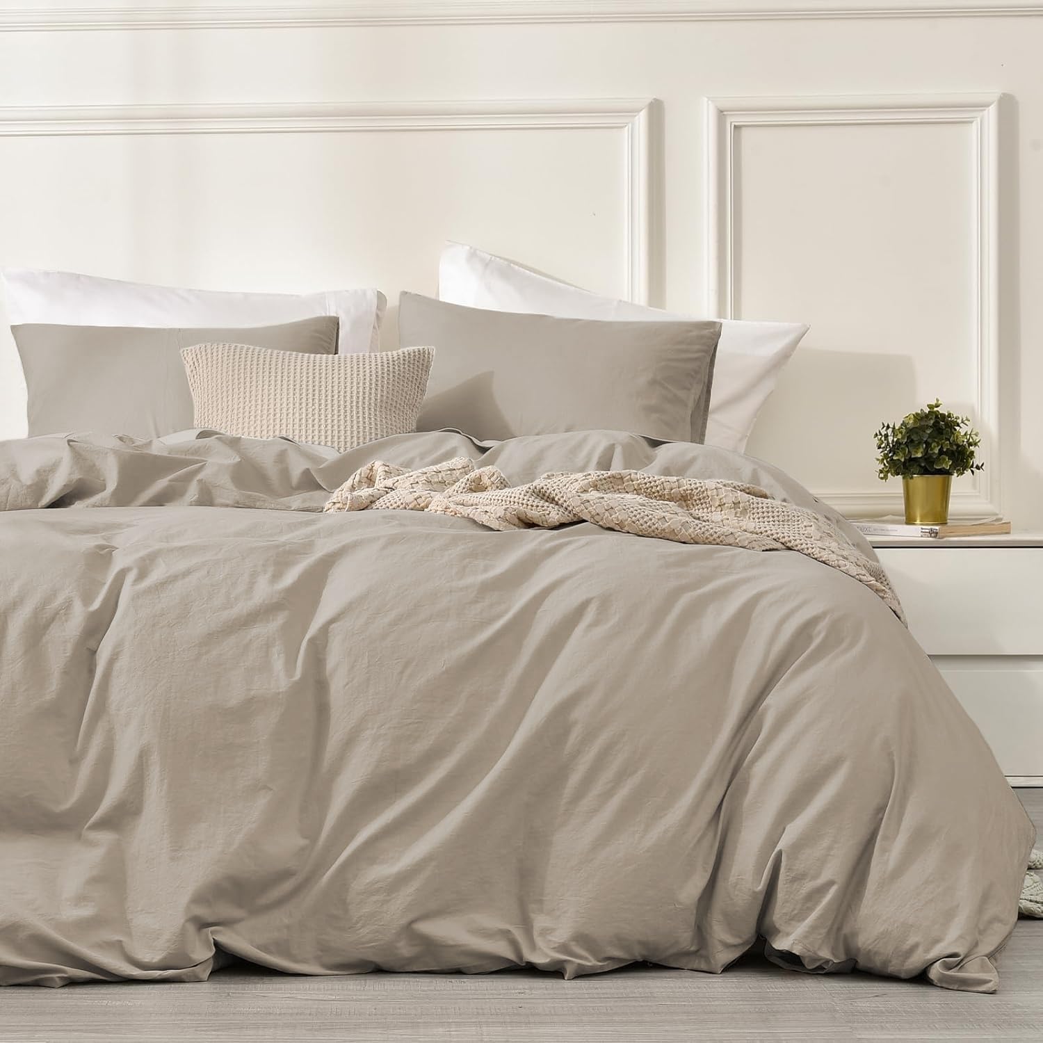 Juego de Funda Nordica Beige Caqui Cama 135/150 100% Algodón Transpirable Suave Moderno Juego de Funda de Edredón 240x220 y Fundas Almohada (50x75cm)