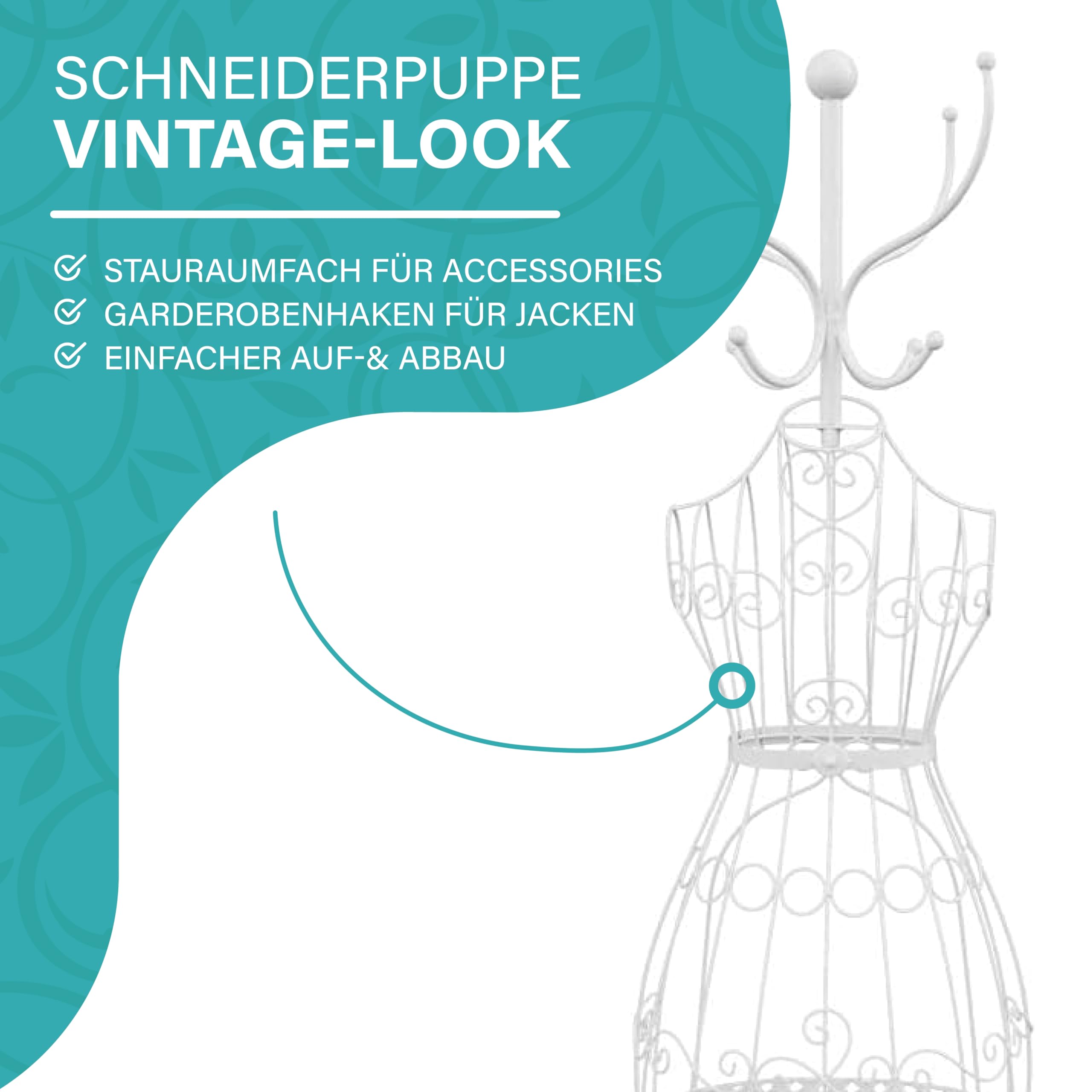 PrimoLiving Metall Schneiderpuppe Tessa in Weiß mit Garderobenhaken und Stauraum - Vintage Kleiderpuppe - ideal als weibliche Schaufensterpuppe oder Kleiderständer - P-09895
