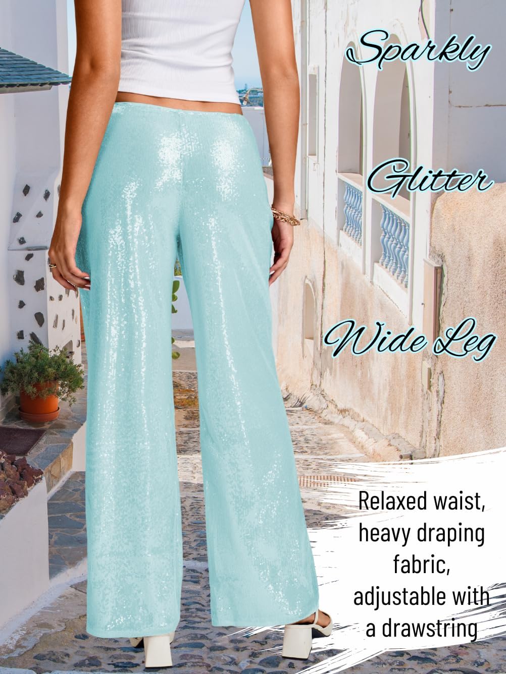 ShawGobow Sequin Pants,Low Rise Wide Leg Sparkly Bottoms for Women,Glitter Disco Concert Rave Outfit