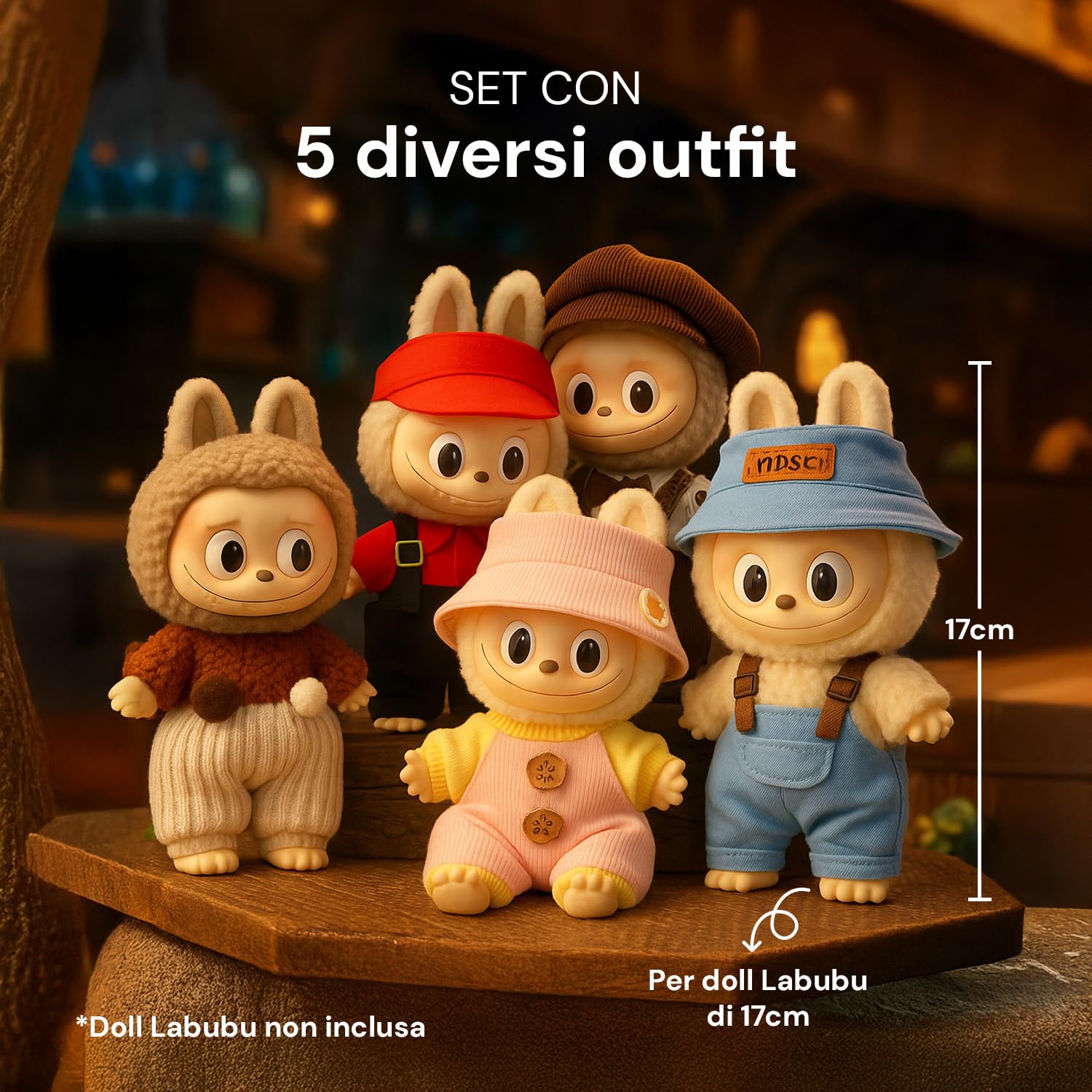 Set 5 pezzi Vestiti Coordinati con Accessori Budress per Bambola 17 cm con Outfit da Collezione Pittore Vintage, Fast Food, Baby Doll, Denim Worker e Cozy Winter, Per Bambole Facili da Indossare