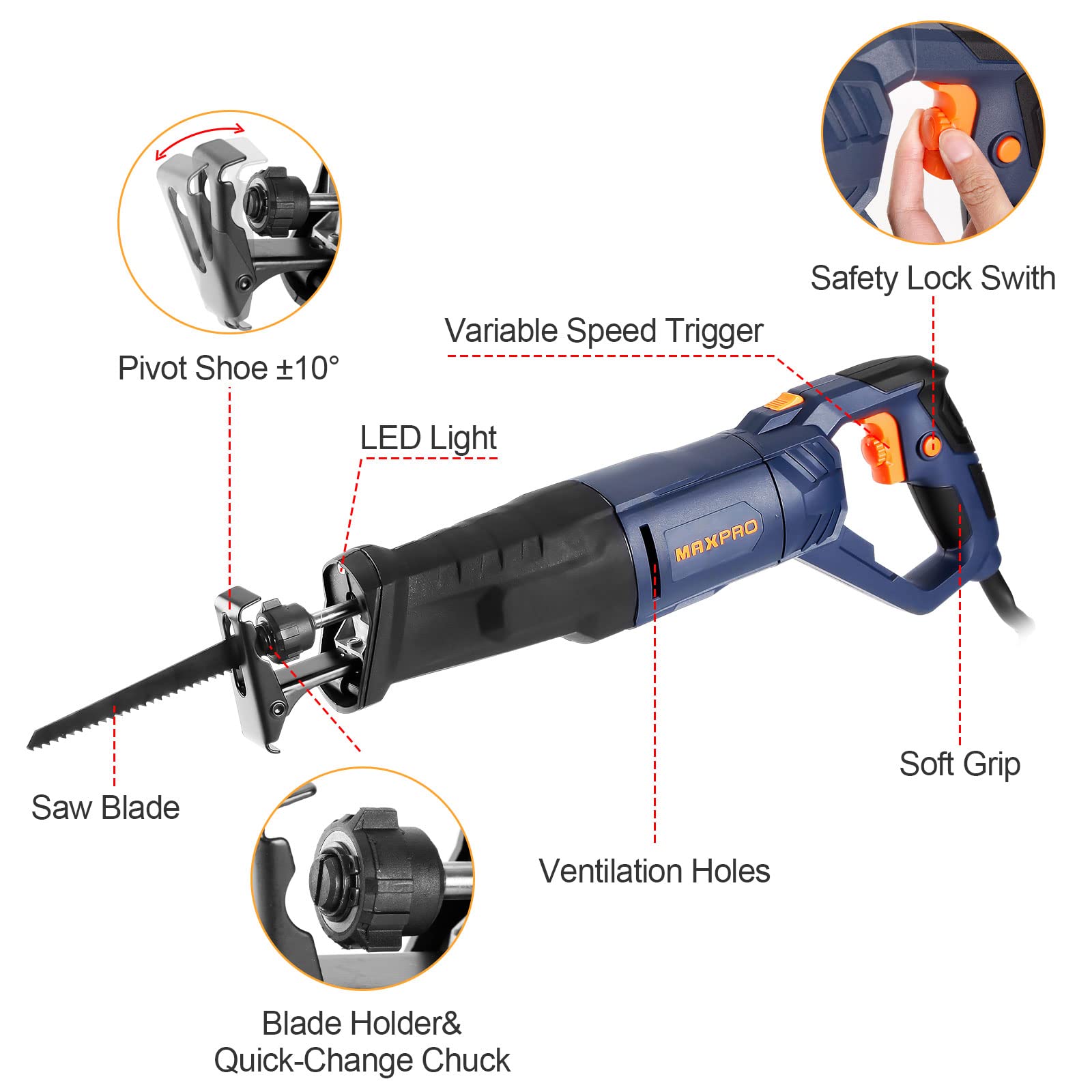 MAXPRO Professional Scie Sabre, 850W Scie Égoïne Électrique, 0-2800 RPM Vitesse Variable, Profondeur de Coupe: 5mm (Métal), Course de Coupe 28mm, poignée pivotante (gauche et droite 90º), LED