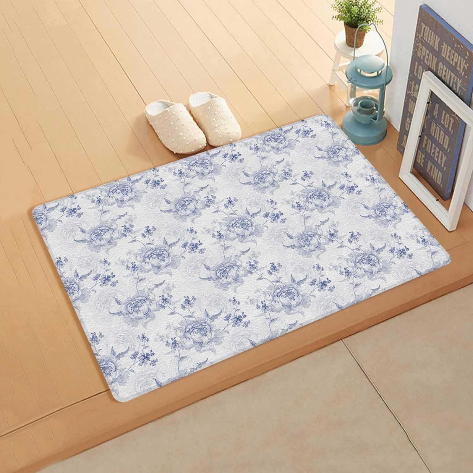 Vintage Flower Antifatigue Kitchen Bath Door Mat Cushioned Runner Rug,Washable Welcome Floor Sink Mat,Waterproof & Non-Slip Standing Doormat for Kitchen,Pastoral Country Botanical Plant Blue 18